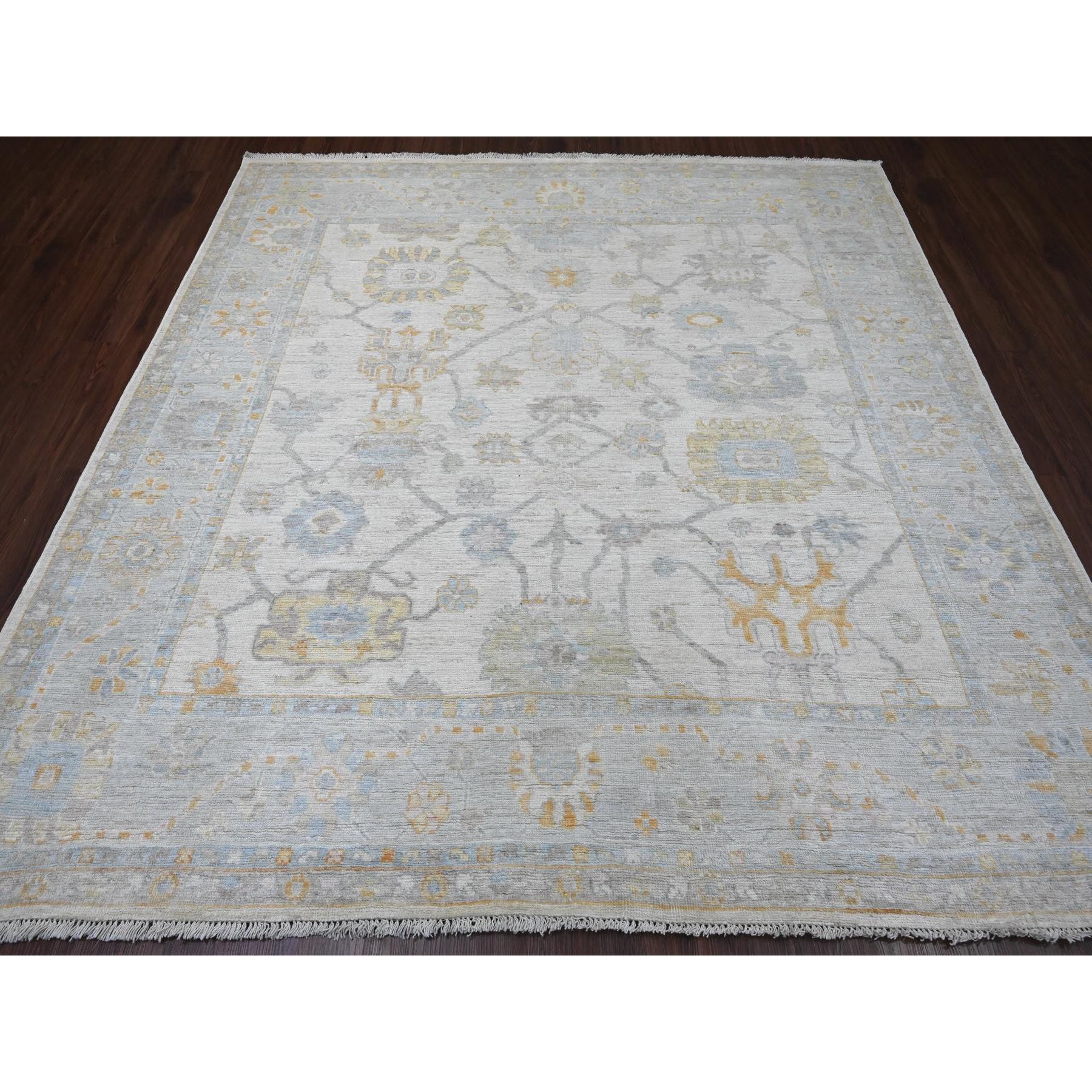 8'x8' Pearl White, Hand Knotted, Afghan Angora Oushak with All Over Pattern, Vegetable Dyes, Pure Wool, Square, Oriental Rug Sh20660