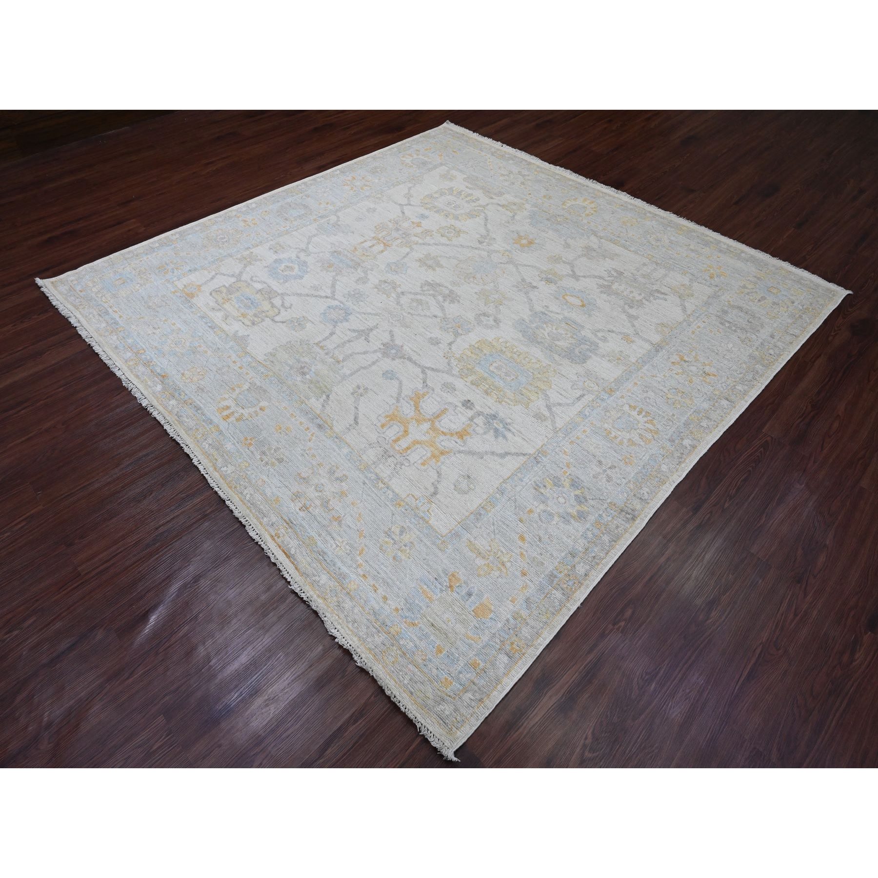8'x8' Pearl White, Hand Knotted, Afghan Angora Oushak with All Over Pattern, Vegetable Dyes, Pure Wool, Square, Oriental Rug Sh20660