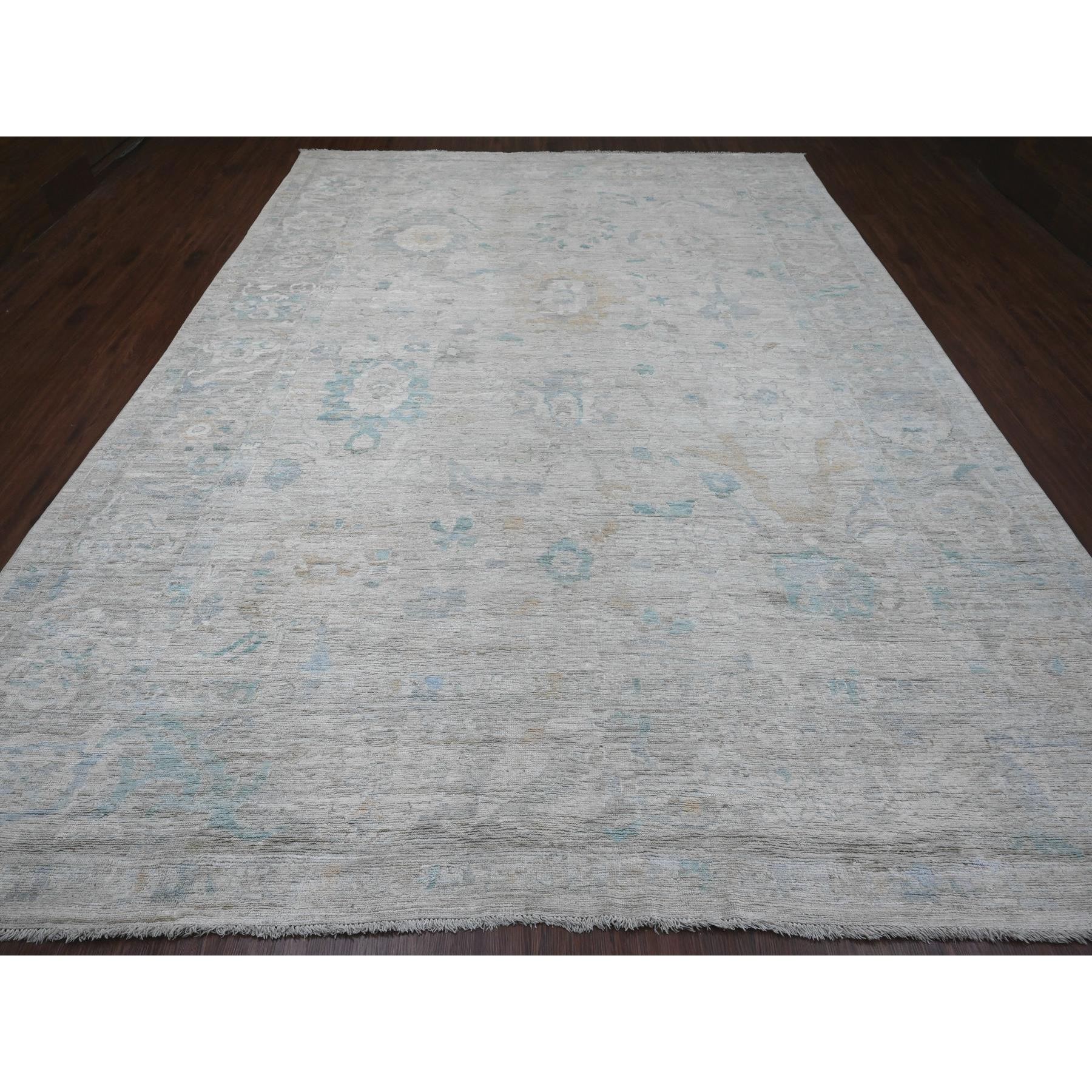 10'x13'4" Chiffon White, Afghan Angora Oushak with All Over Leaf Design, Hand Knotted, Vegetable Dyes, 100% Wool, Oriental Rug Sh20661