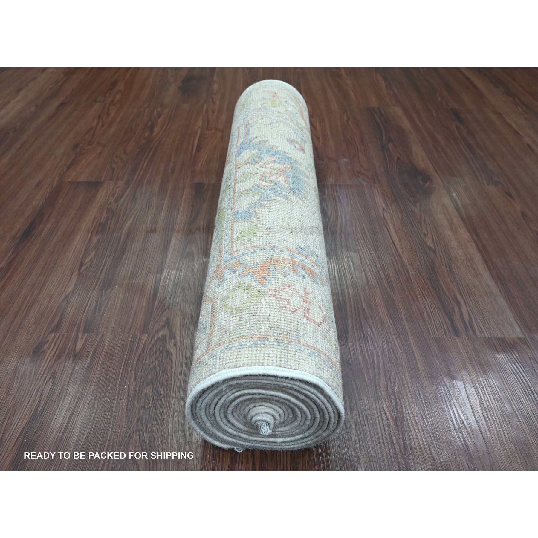 2'7"x16'8" Oyster White, Afghan Angora Oushak with Serrated Leaf Design, Hand Knotted, Veggie Dyes, 100% Wool, XL Runner, Oriental Rug Sh20669