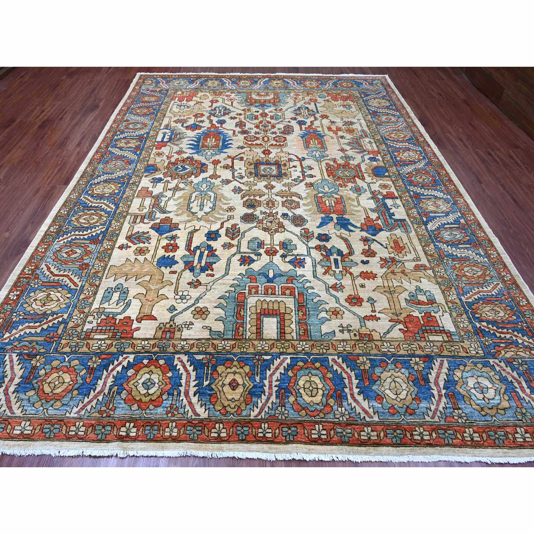 9'1"x11'9" Linen White, Aryana Collection, Peshawar with Heriz All Over Design, High Mountain Wool, Densely Woven, Hand Knotted, Vegetable Dyes, Oriental Rug Sh20670