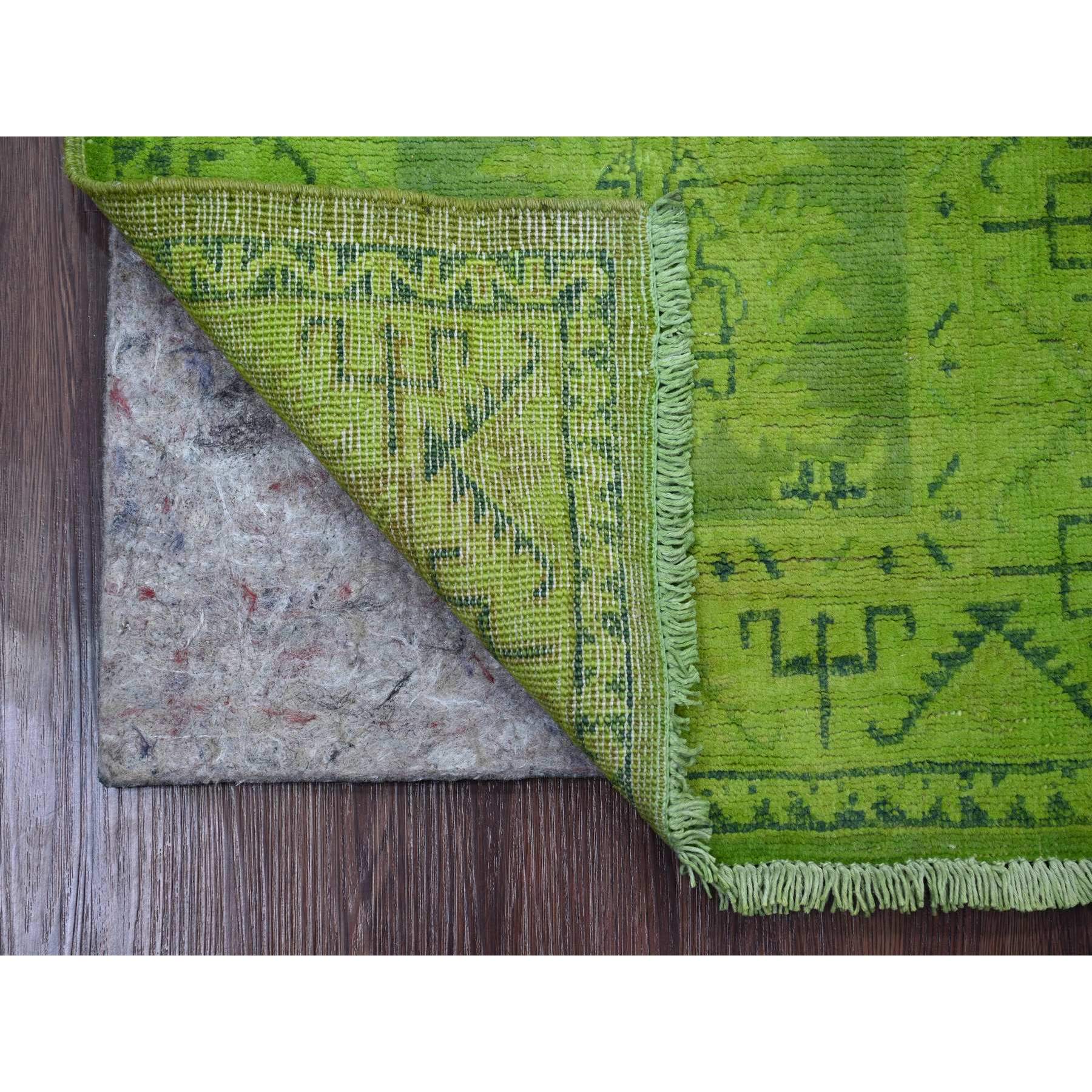 2'x5'5" Pear Green, Overdyed Kazak with All Over Geometric Pattern, 100% Wool, Hand Knotted, Narrow Runner, Oriental Rug Sh20679