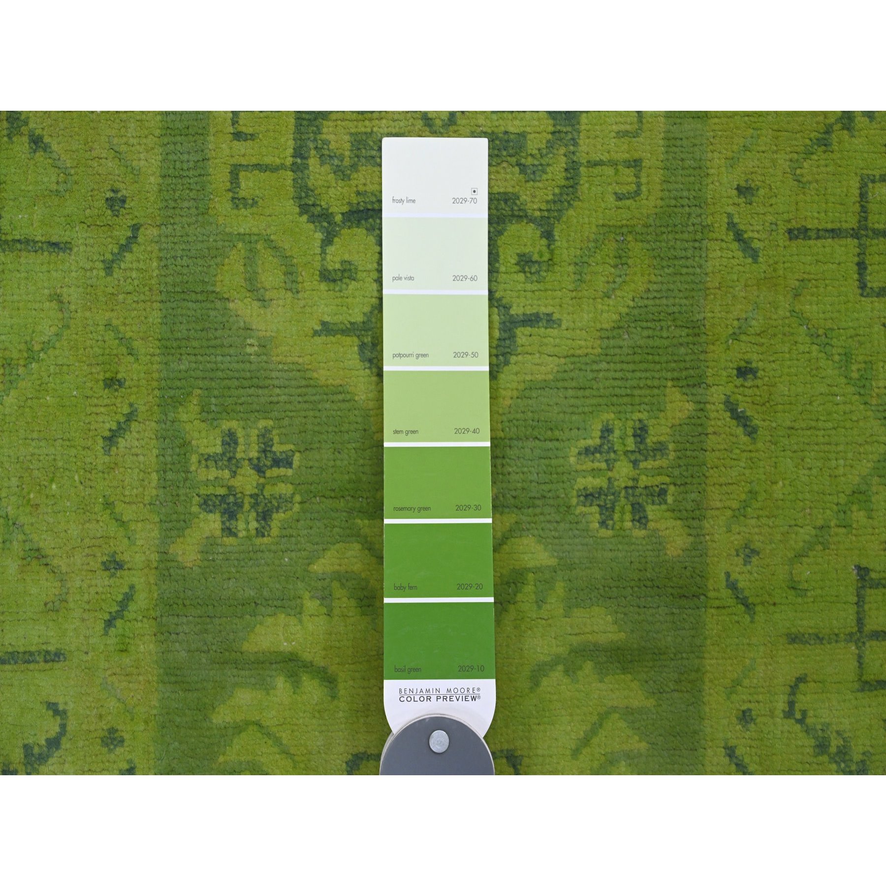 2'x5'5" Pear Green, Overdyed Kazak with All Over Geometric Pattern, 100% Wool, Hand Knotted, Narrow Runner, Oriental Rug Sh20679