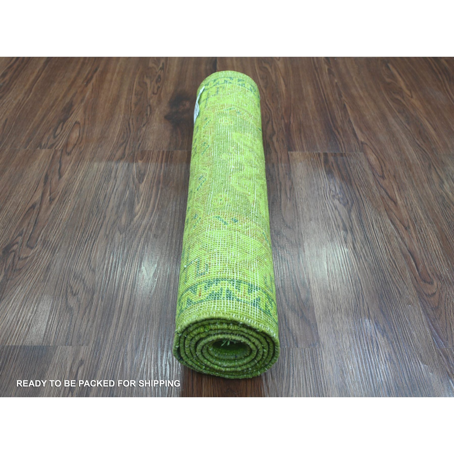 2'x5'5" Pear Green, Overdyed Kazak with All Over Geometric Pattern, 100% Wool, Hand Knotted, Narrow Runner, Oriental Rug Sh20679