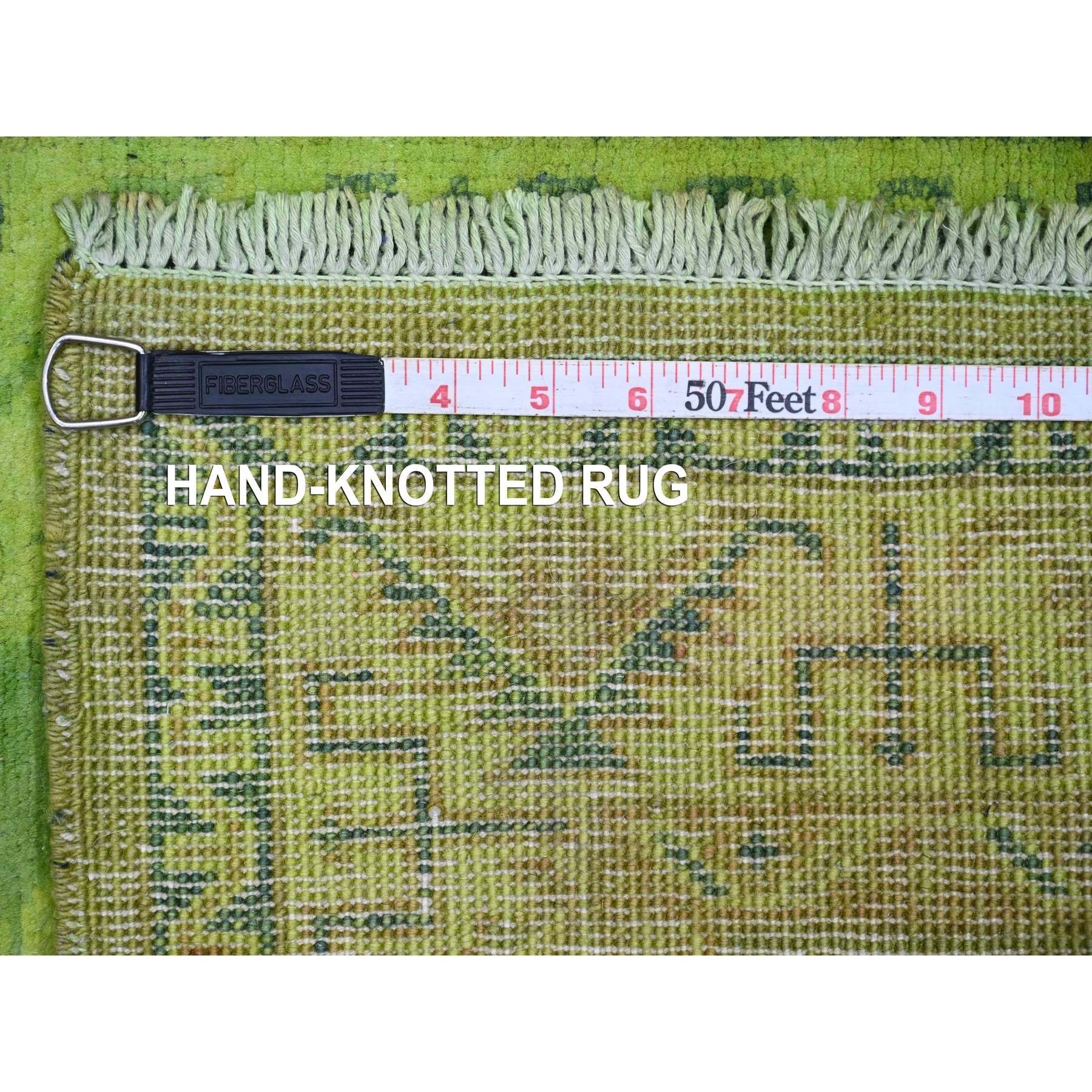 2'x5'5" Pear Green, Overdyed Kazak with All Over Geometric Pattern, 100% Wool, Hand Knotted, Narrow Runner, Oriental Rug Sh20679