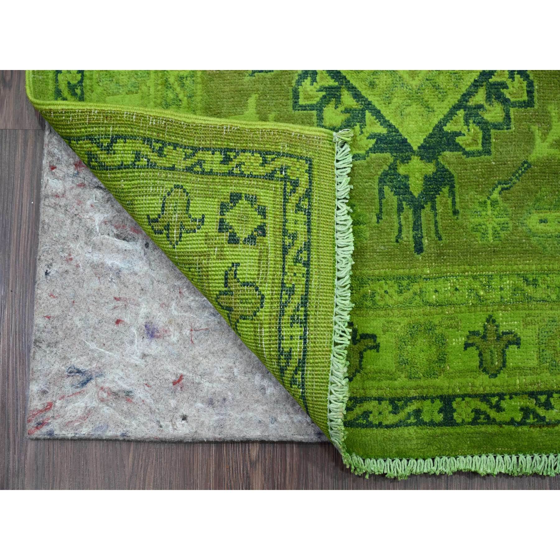 2'8"x18'10" Iguana Green, Overdyed Kazak with Geometric Medallion Design, Hand Knotted, 100% Wool, XL Runner, Oriental Rug Sh20680