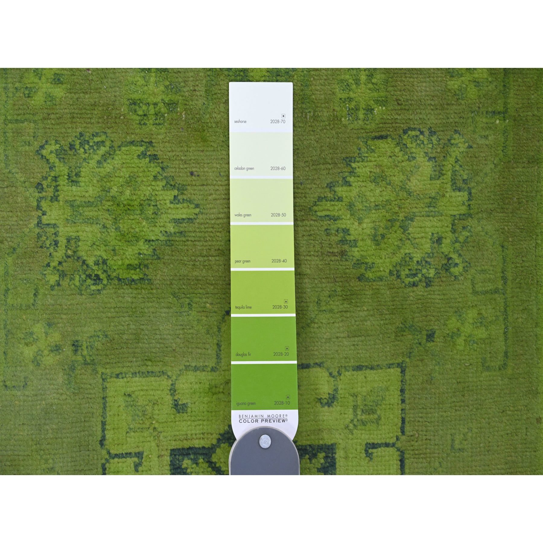 2'8"x18'10" Iguana Green, Overdyed Kazak with Geometric Medallion Design, Hand Knotted, 100% Wool, XL Runner, Oriental Rug Sh20680