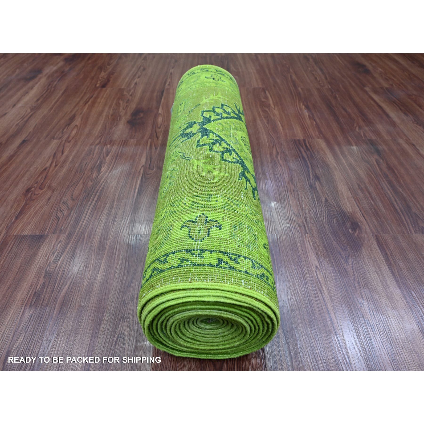 2'8"x18'10" Iguana Green, Overdyed Kazak with Geometric Medallion Design, Hand Knotted, 100% Wool, XL Runner, Oriental Rug Sh20680