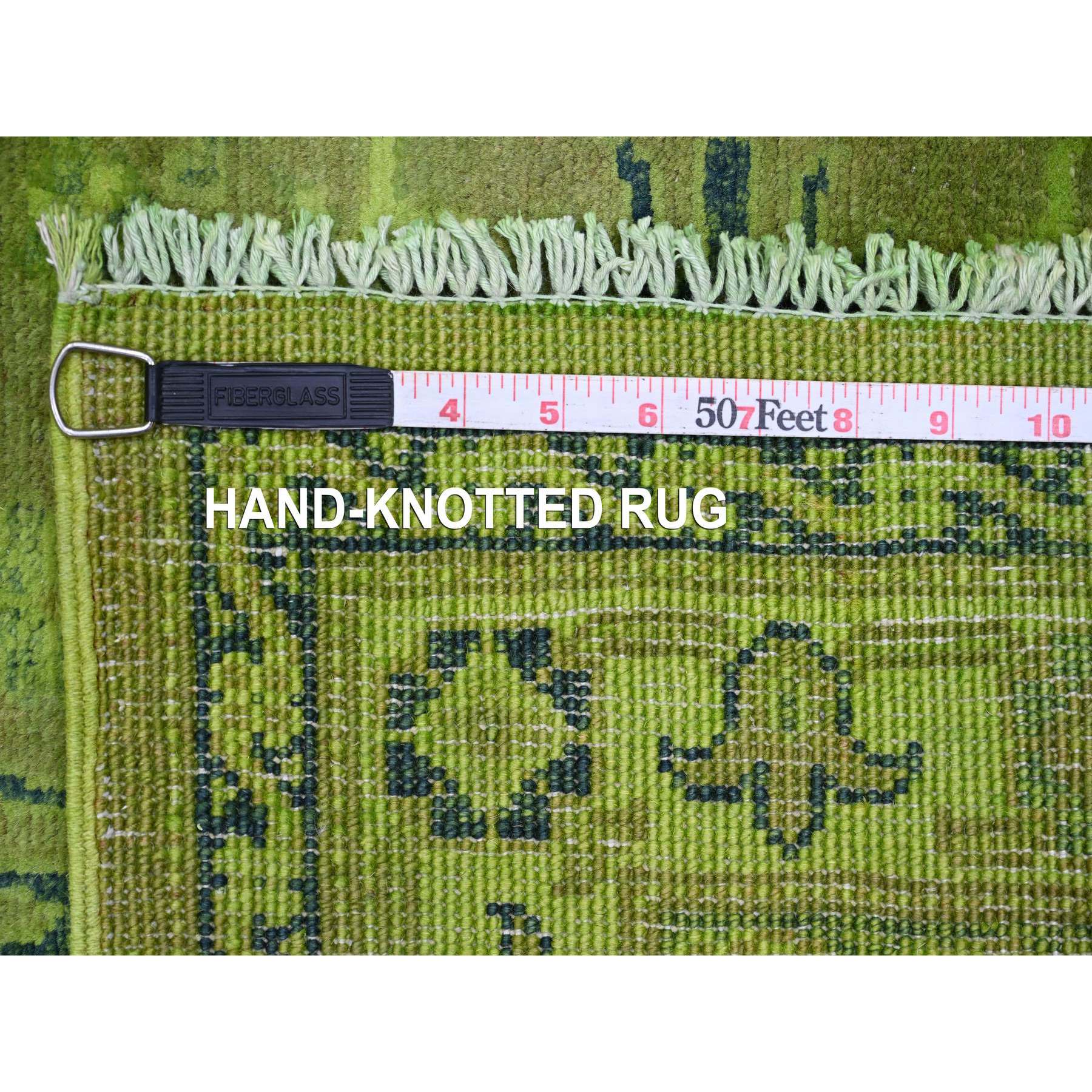 2'8"x18'10" Iguana Green, Overdyed Kazak with Geometric Medallion Design, Hand Knotted, 100% Wool, XL Runner, Oriental Rug Sh20680