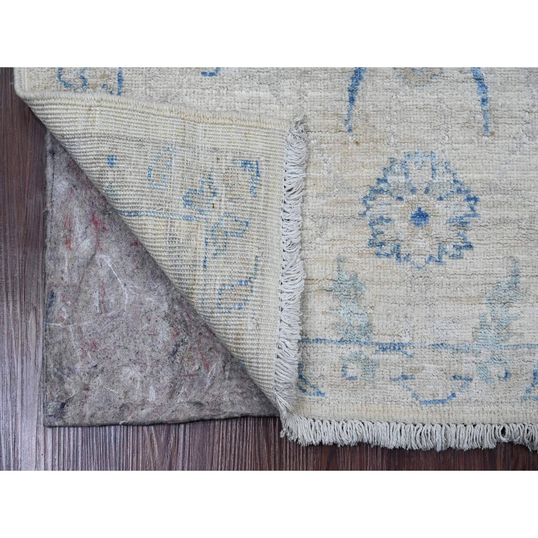 2'6"x7'10" Chiffon White, Hand Knotted, Washed Out Peshawar with All Over Leaf Design, Natural Dyes, 100% Wool, Runner, Oriental Rug Sh20681