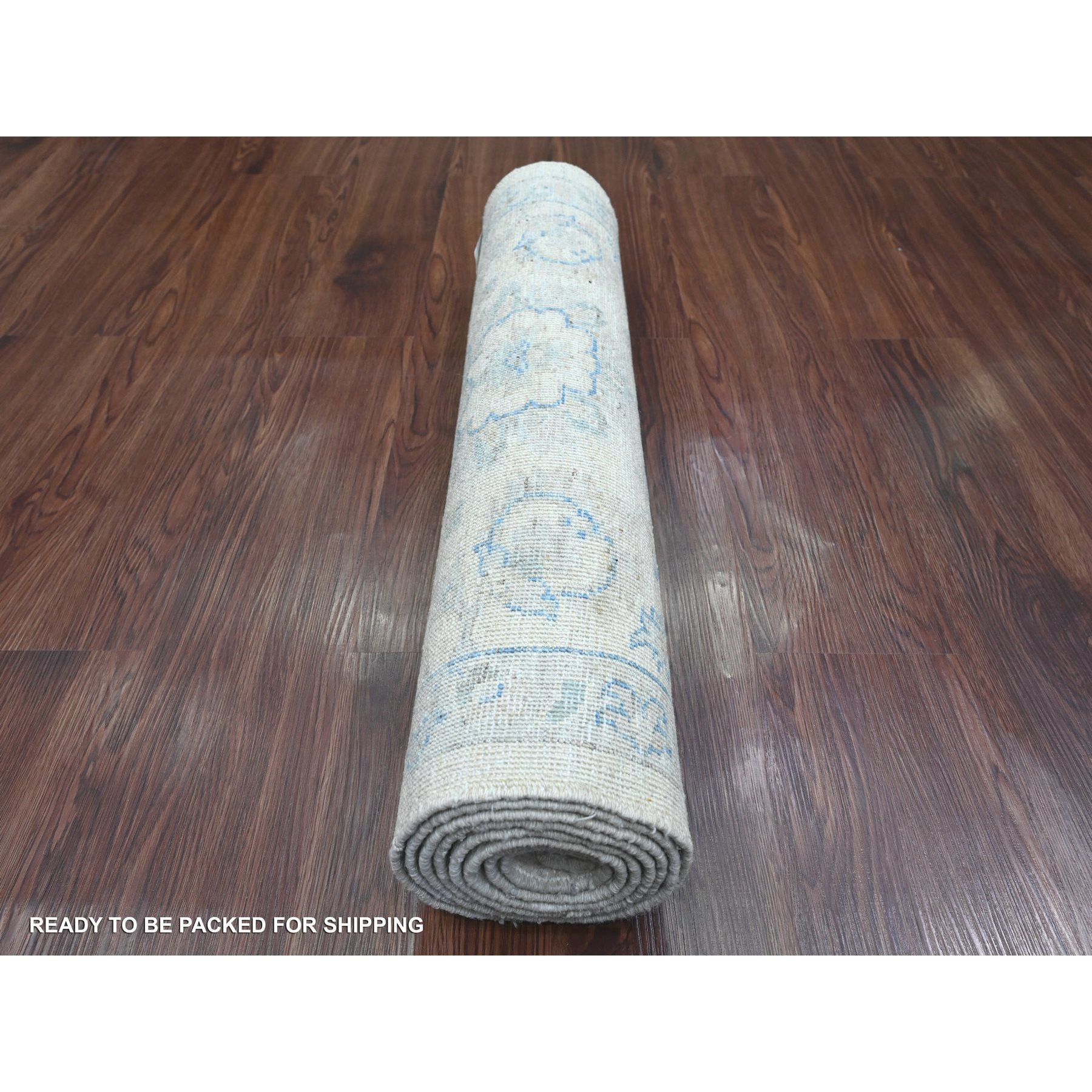 2'6"x7'10" Chiffon White, Hand Knotted, Washed Out Peshawar with All Over Leaf Design, Natural Dyes, 100% Wool, Runner, Oriental Rug Sh20681