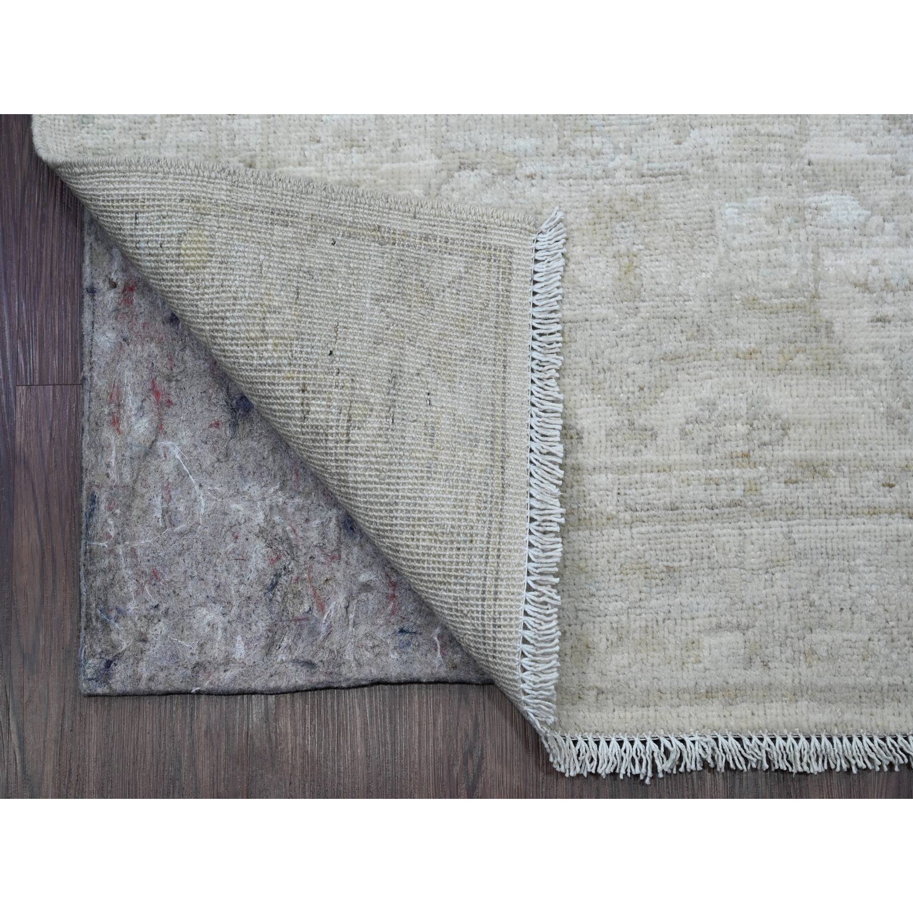 2'8"x16' Bone White, Washed Out Peshawar with Geometric Leaf Design, Hand Knotted, Natural Dyes, 100% Wool, XL Runner, Oriental Rug Sh20682