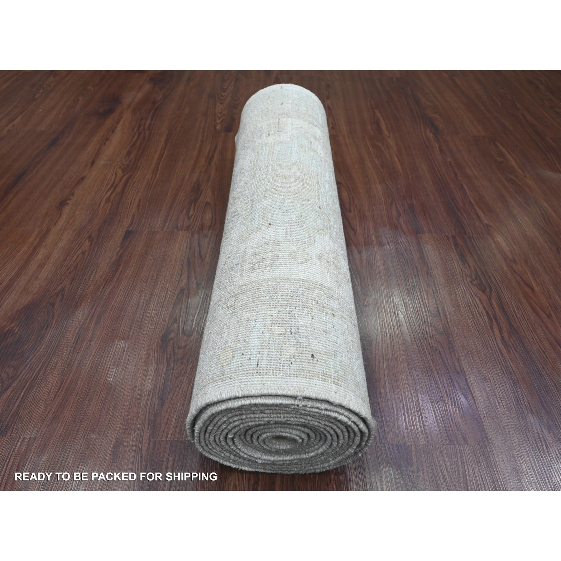 2'8"x16' Bone White, Washed Out Peshawar with Geometric Leaf Design, Hand Knotted, Natural Dyes, 100% Wool, XL Runner, Oriental Rug Sh20682