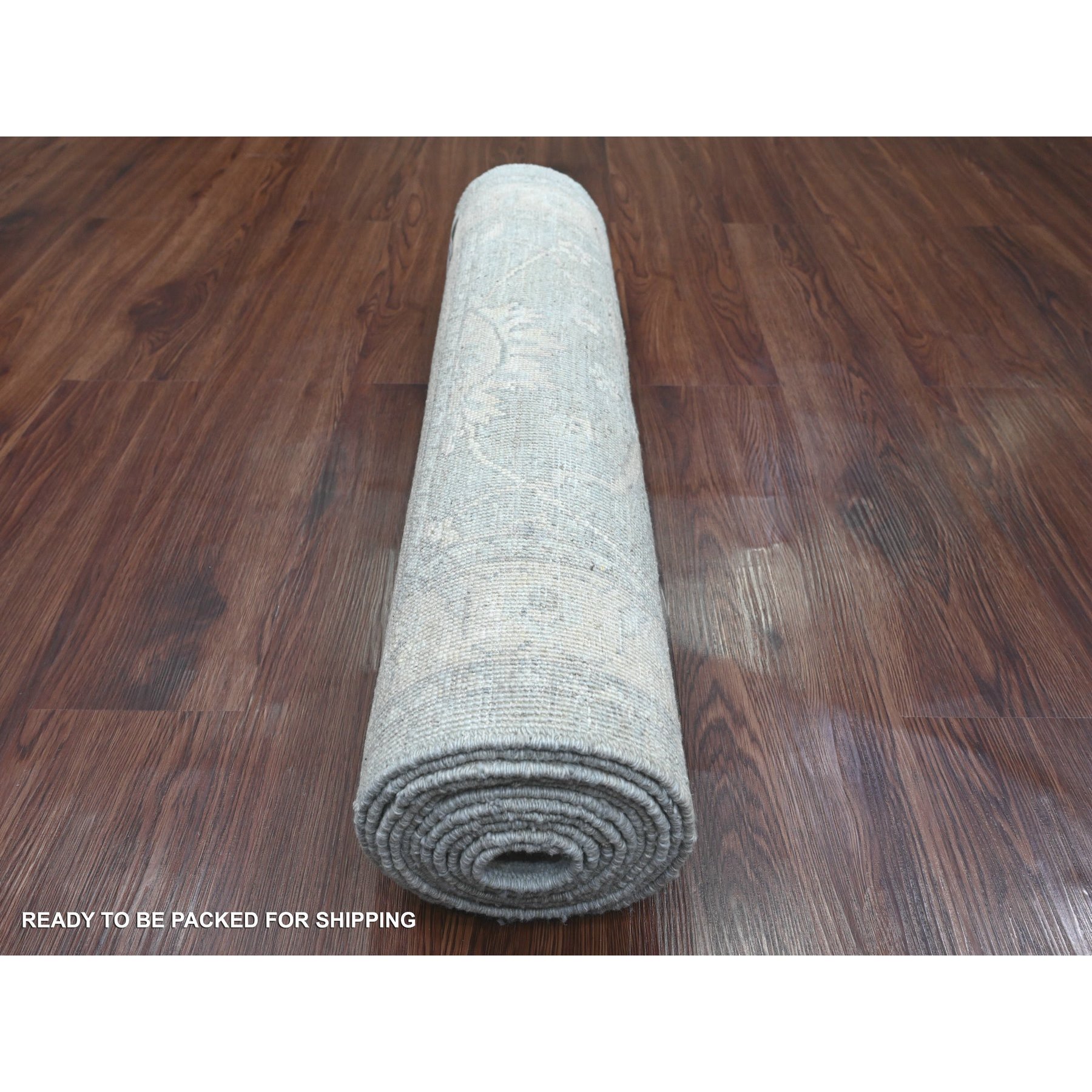 2'8"x11'7" Misty Gray, Stone Washed Peshawar with All Over Leaf Design, Hand Knotted, Natural Dyes, 100% Wool, Runner, Oriental Rug Sh20692