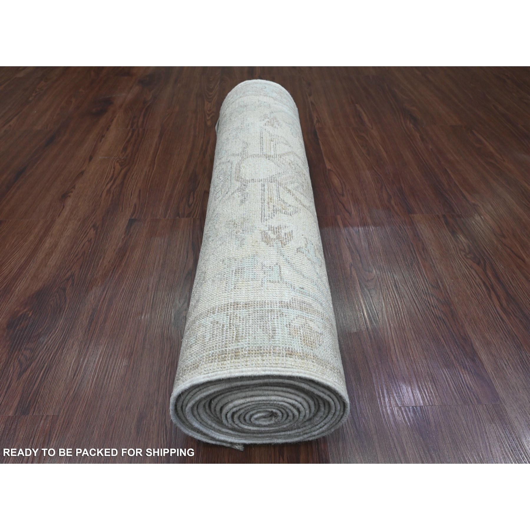2'8"x16'3" Pearl White, Washed Out Peshawar with All Over Leaf Design, Hand Knotted, Natural Dyes, 100% Wool, XL Runner, Oriental Rug Sh20693