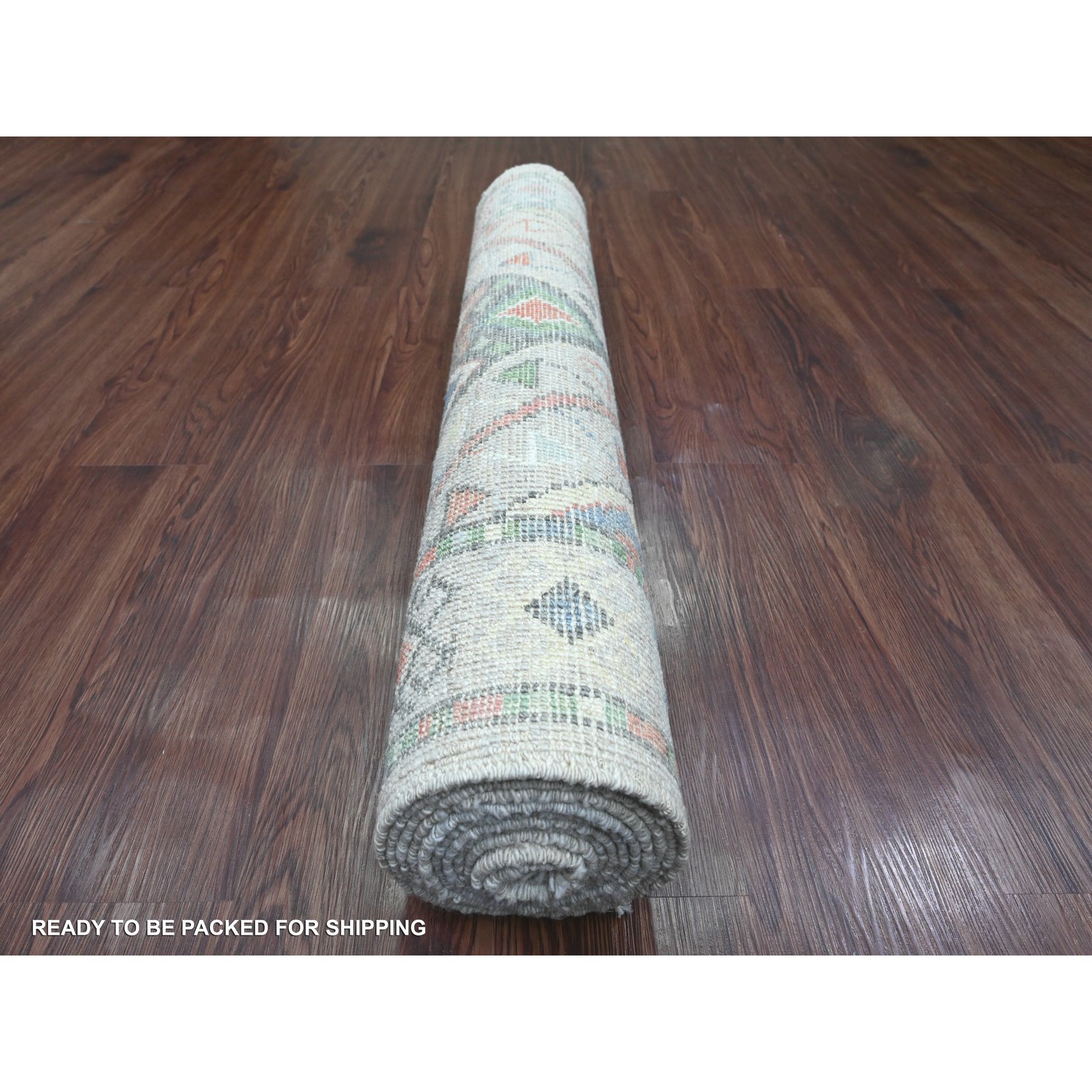 3'2"x10'5" Cloud Gray, Anatolian Village Inspired Design with Geometric Pattern, Vegetable Dyes, High Mountain Wool, Hand Knotted, Runner, Oriental Rug Sh20699
