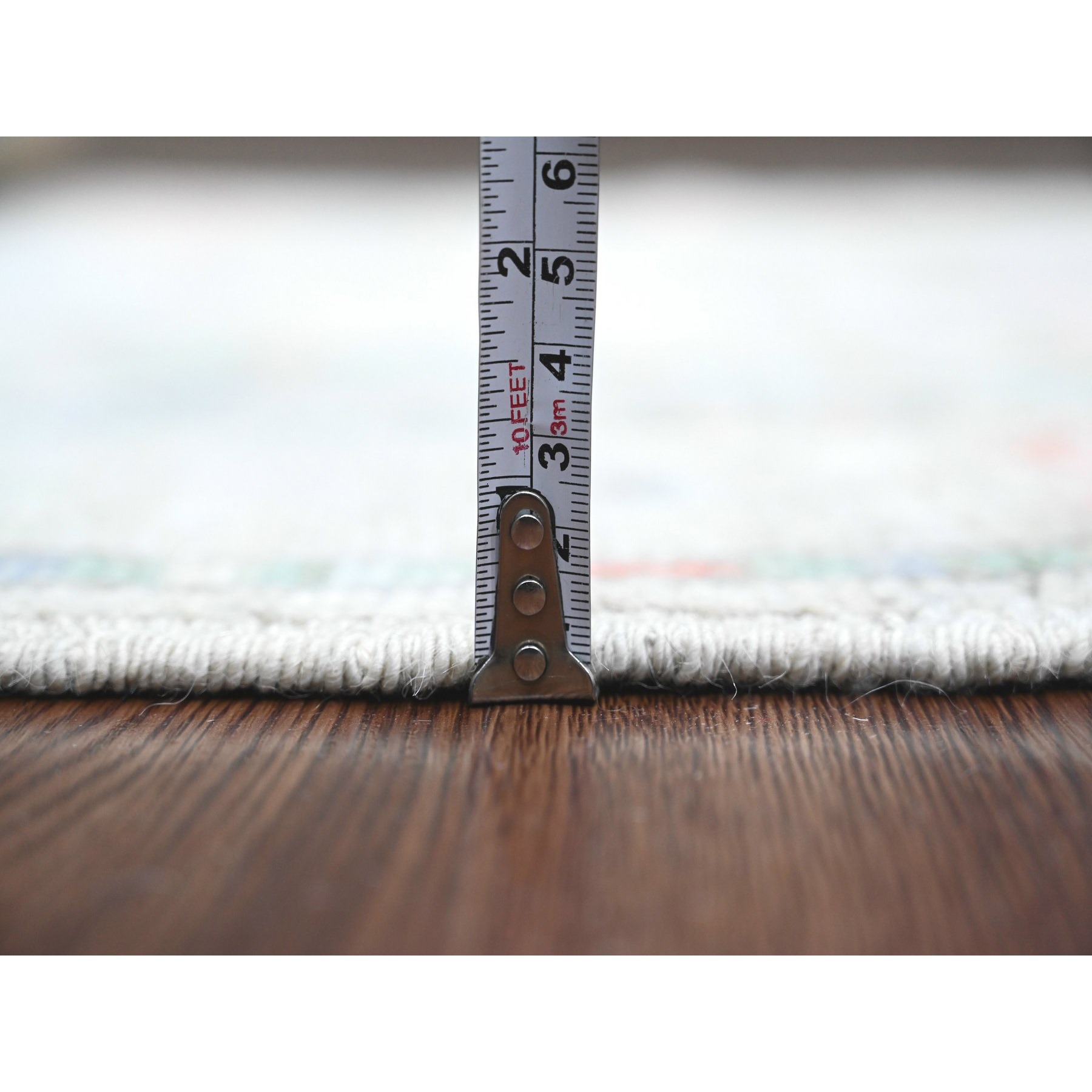 3'2"x10'5" Cloud Gray, Anatolian Village Inspired Design with Geometric Pattern, Vegetable Dyes, High Mountain Wool, Hand Knotted, Runner, Oriental Rug Sh20699