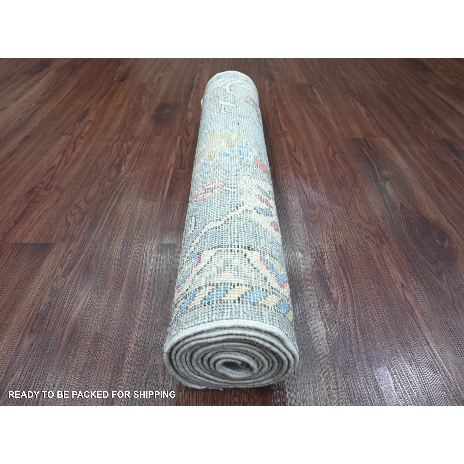 2'9"x9'9" Cerulean Blue, Anatolian Village Inspired with All Over Leaf Design, Hand Knotted, High Mountain Wool, Vegetable Dyes, Runner, Oriental Rug Sh20701