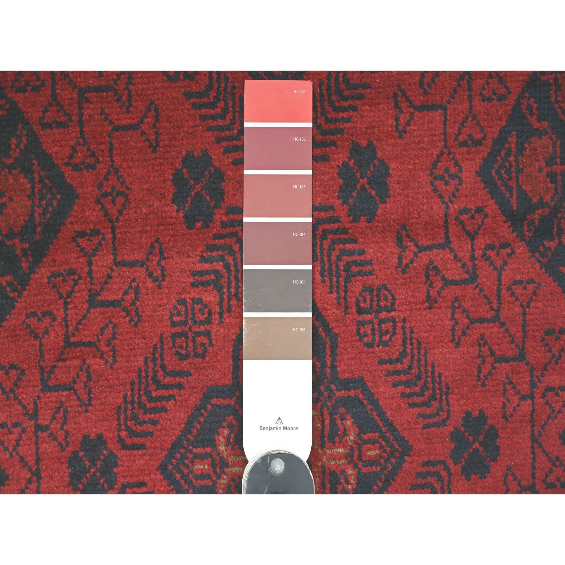 2'8"x6'3" Ruby Red, Afghan Andkhoy with Geometric Design, Soft Pile, 100% Wool, Hand Knotted, Runner, Oriental Rug Sh20704