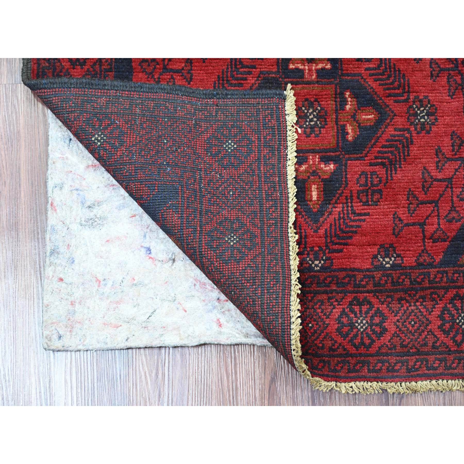 2'7"x9'10" Crimson Red, Hand Knotted, Afghan Andkhoy with Geometric Design, Soft and Velvety Wool, Runner, Oriental Rug Sh20705