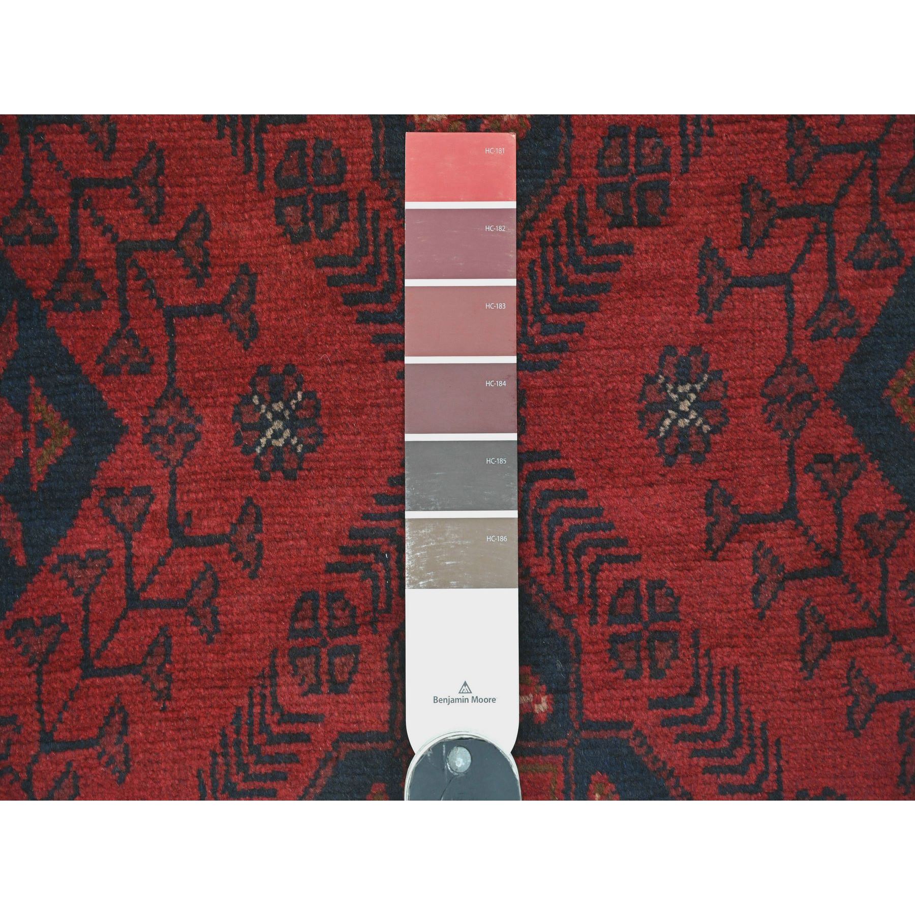 2'7"x9'10" Crimson Red, Hand Knotted, Afghan Andkhoy with Geometric Design, Soft and Velvety Wool, Runner, Oriental Rug Sh20705