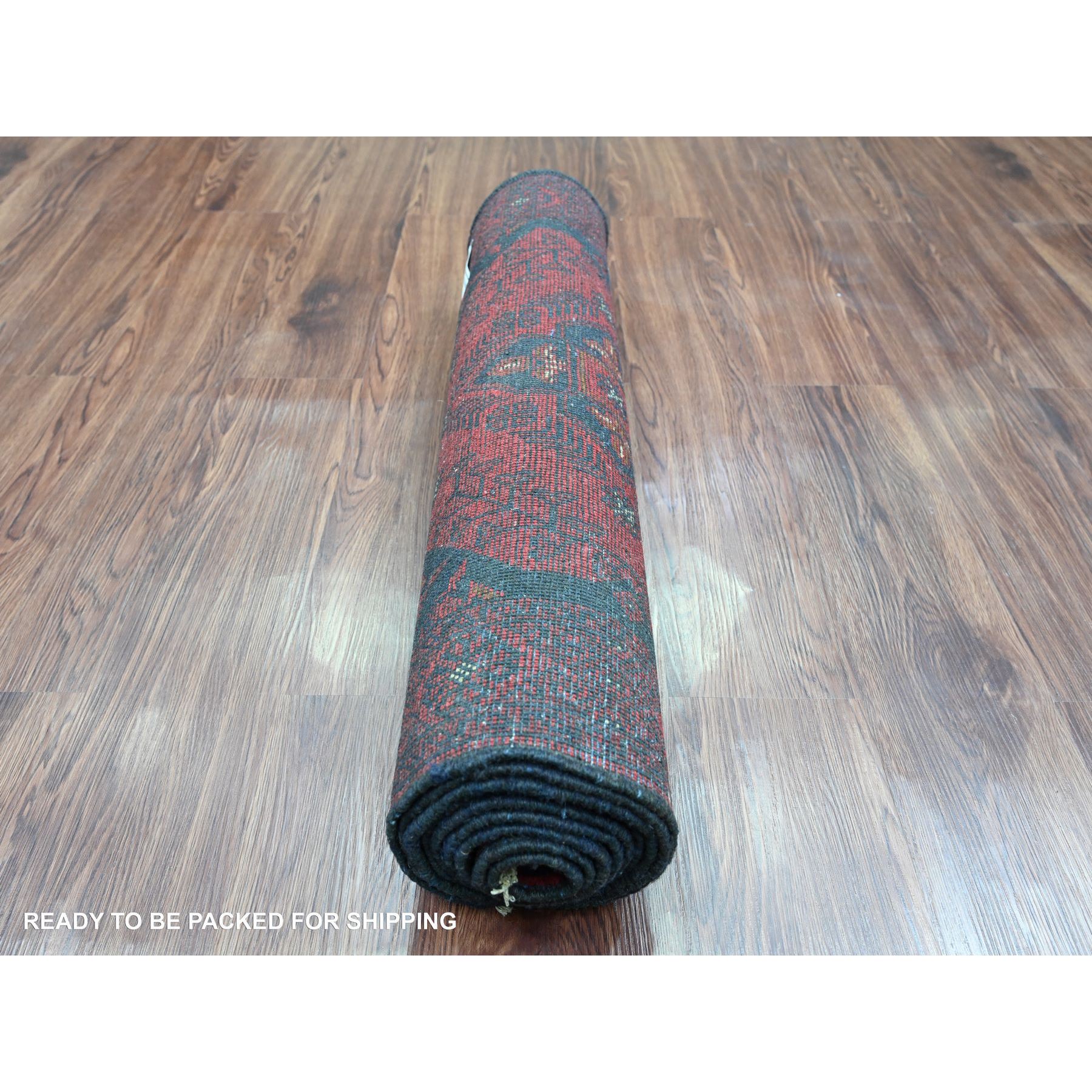 2'7"x9'10" Crimson Red, Hand Knotted, Afghan Andkhoy with Geometric Design, Soft and Velvety Wool, Runner, Oriental Rug Sh20705