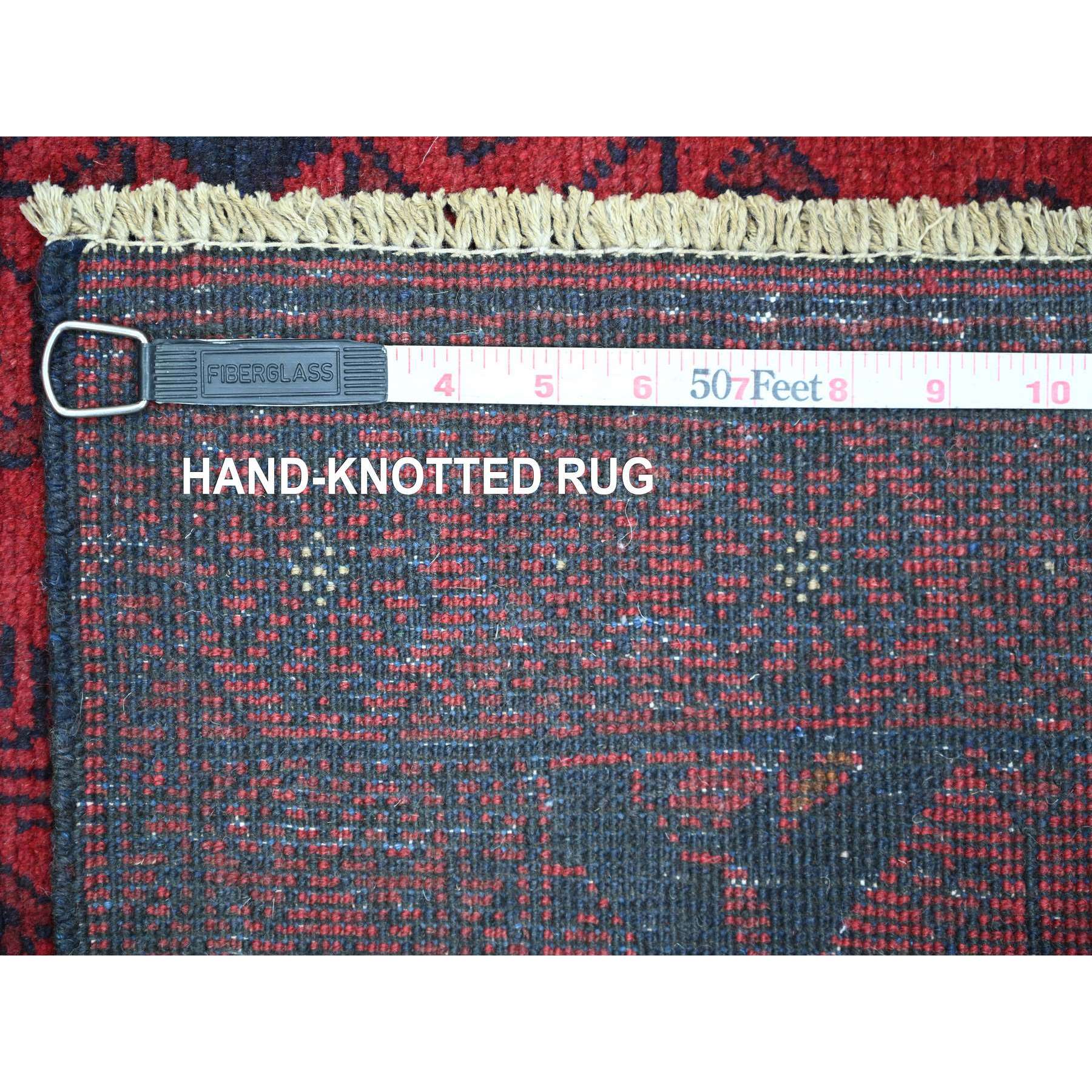 2'7"x9'10" Crimson Red, Hand Knotted, Afghan Andkhoy with Geometric Design, Soft and Velvety Wool, Runner, Oriental Rug Sh20705