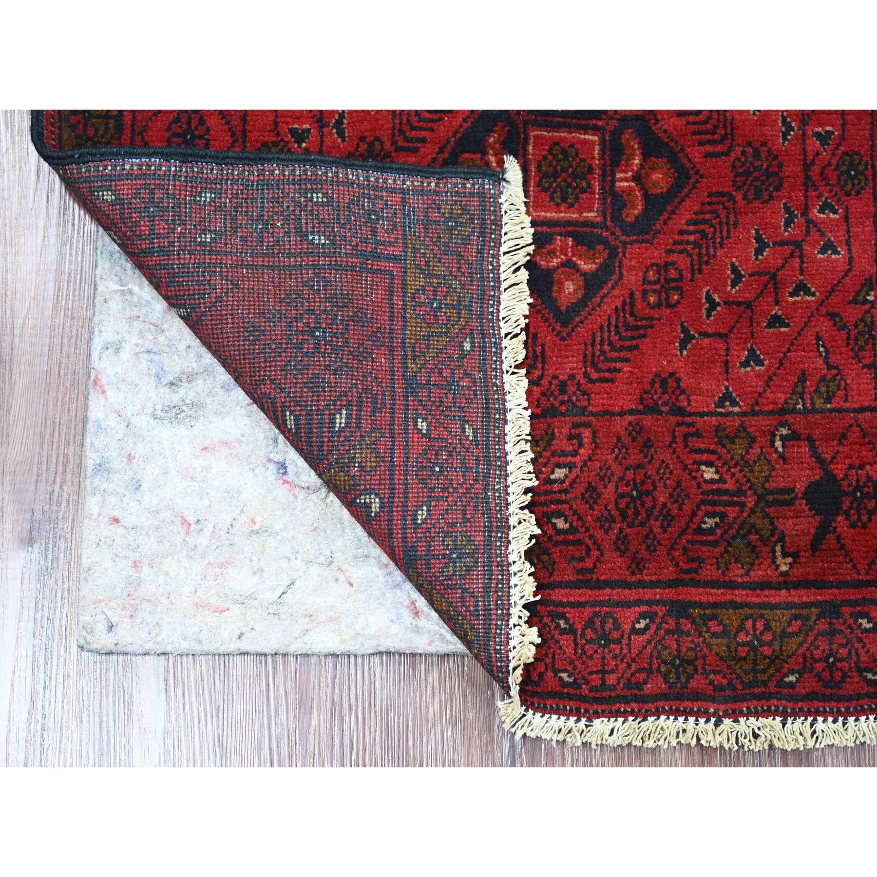 2'6"x6'3" Scarlet Red, Afghan Andkhoy with Geometric Pattern, Soft Wool, Natural Dyes, Hand Knotted, Runner, Oriental Rug Sh20706