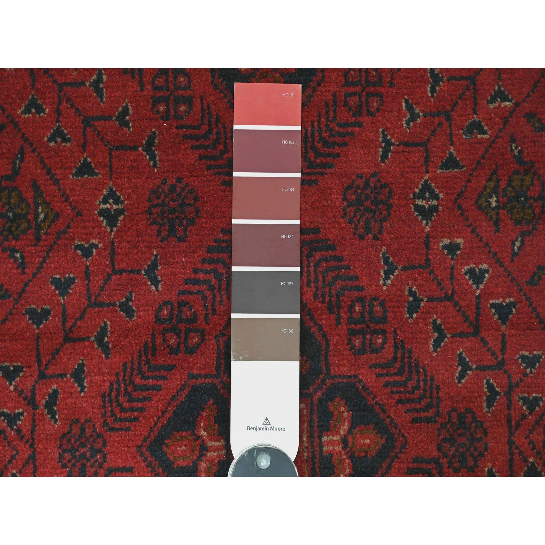 2'6"x6'3" Scarlet Red, Afghan Andkhoy with Geometric Pattern, Soft Wool, Natural Dyes, Hand Knotted, Runner, Oriental Rug Sh20706