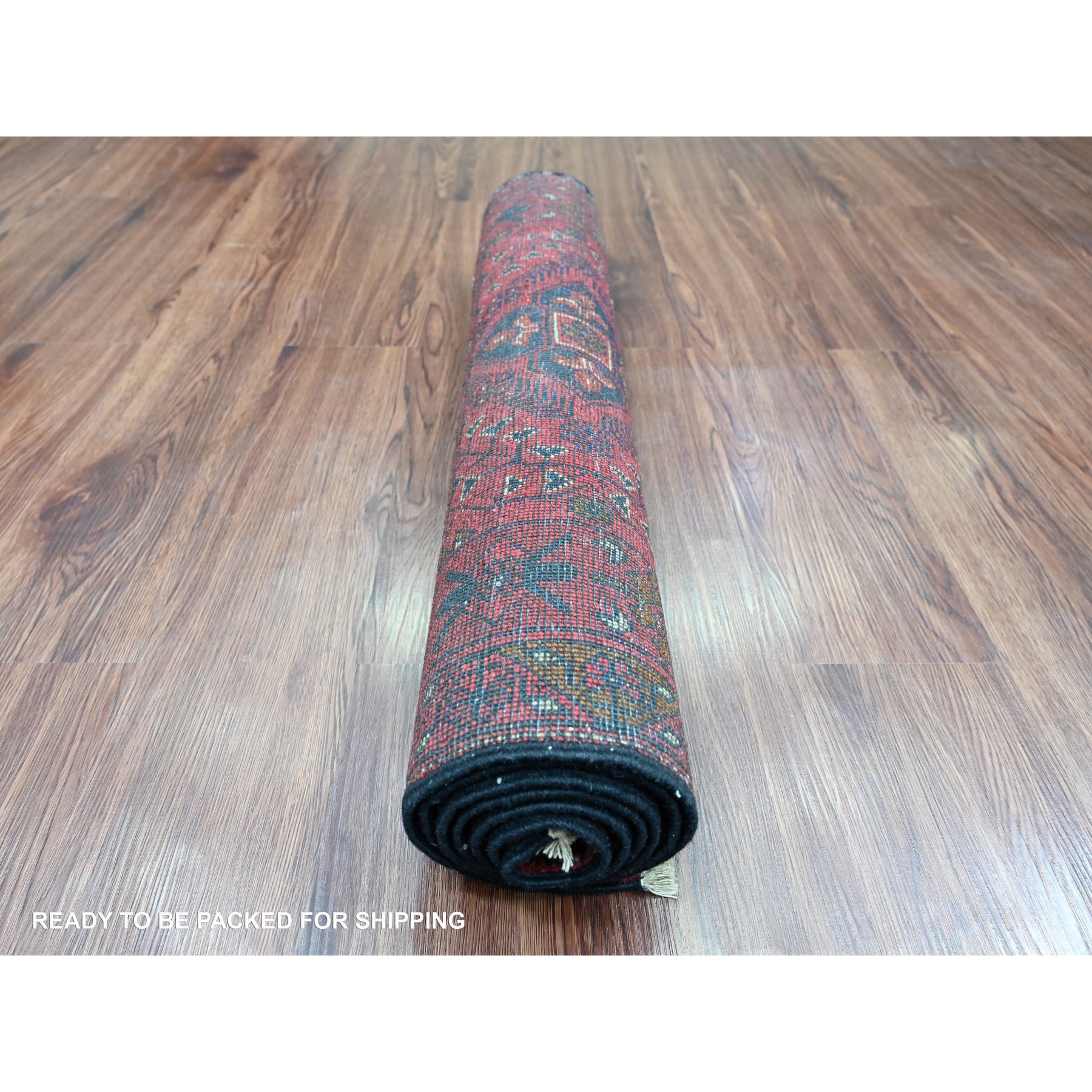 2'6"x6'3" Scarlet Red, Afghan Andkhoy with Geometric Pattern, Soft Wool, Natural Dyes, Hand Knotted, Runner, Oriental Rug Sh20706