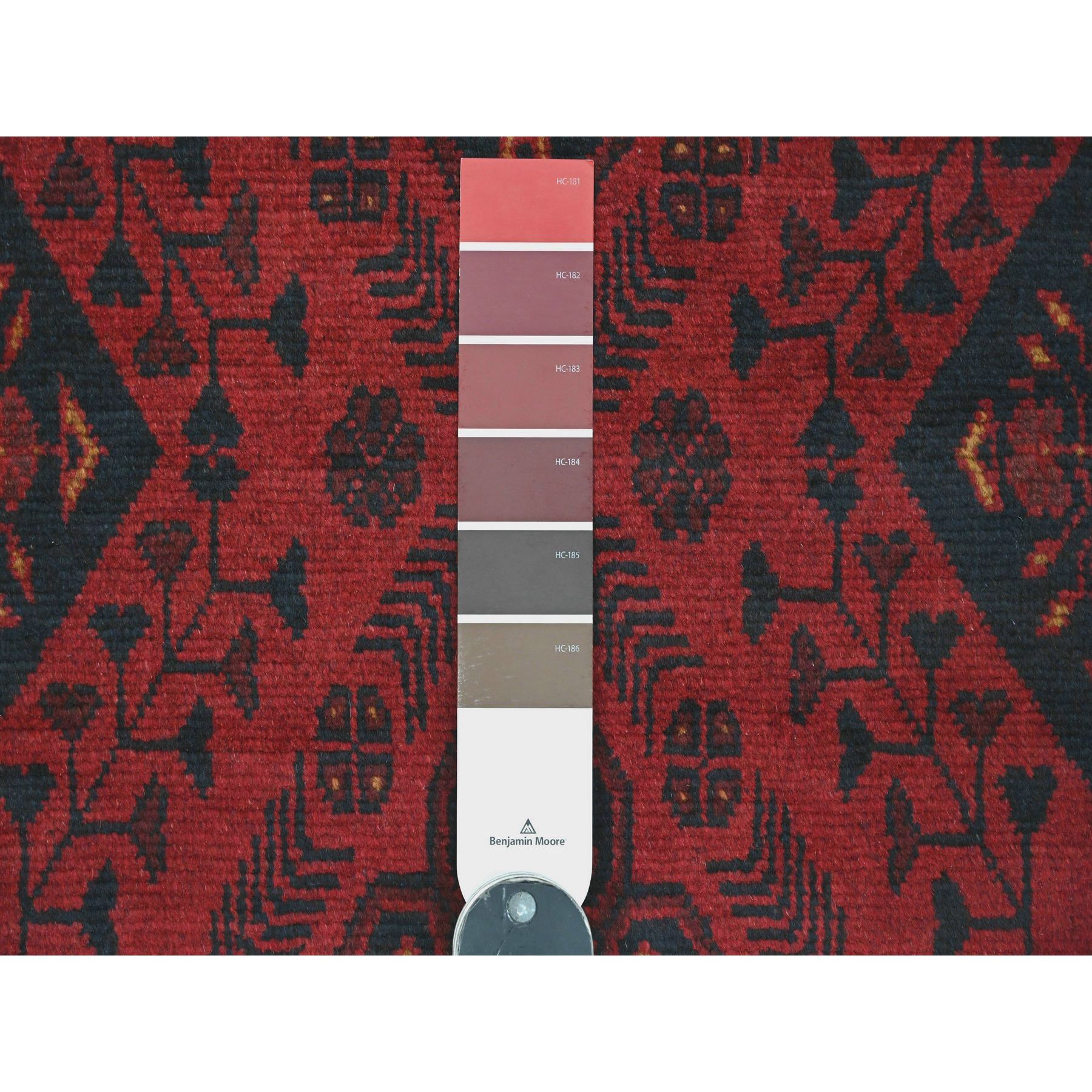 2'9"x6'6" Crimson Red, Hand Knotted, Afghan Andkhoy with Geometric Pattern, Veggie Dyes, Soft Wool, Runner, Oriental Rug Sh20707