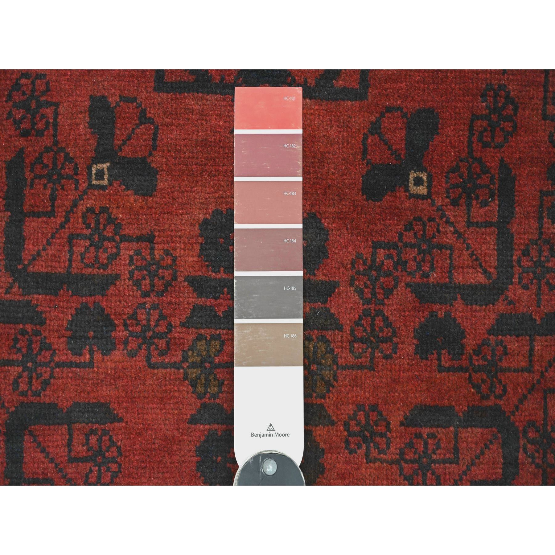 2'8"x9'3" Scarlet Red, Afghan Andkhoy with Tribal Design, Soft Wool, Vegetable Dyes, Hand Knotted, Runner, Oriental Rug Sh20708