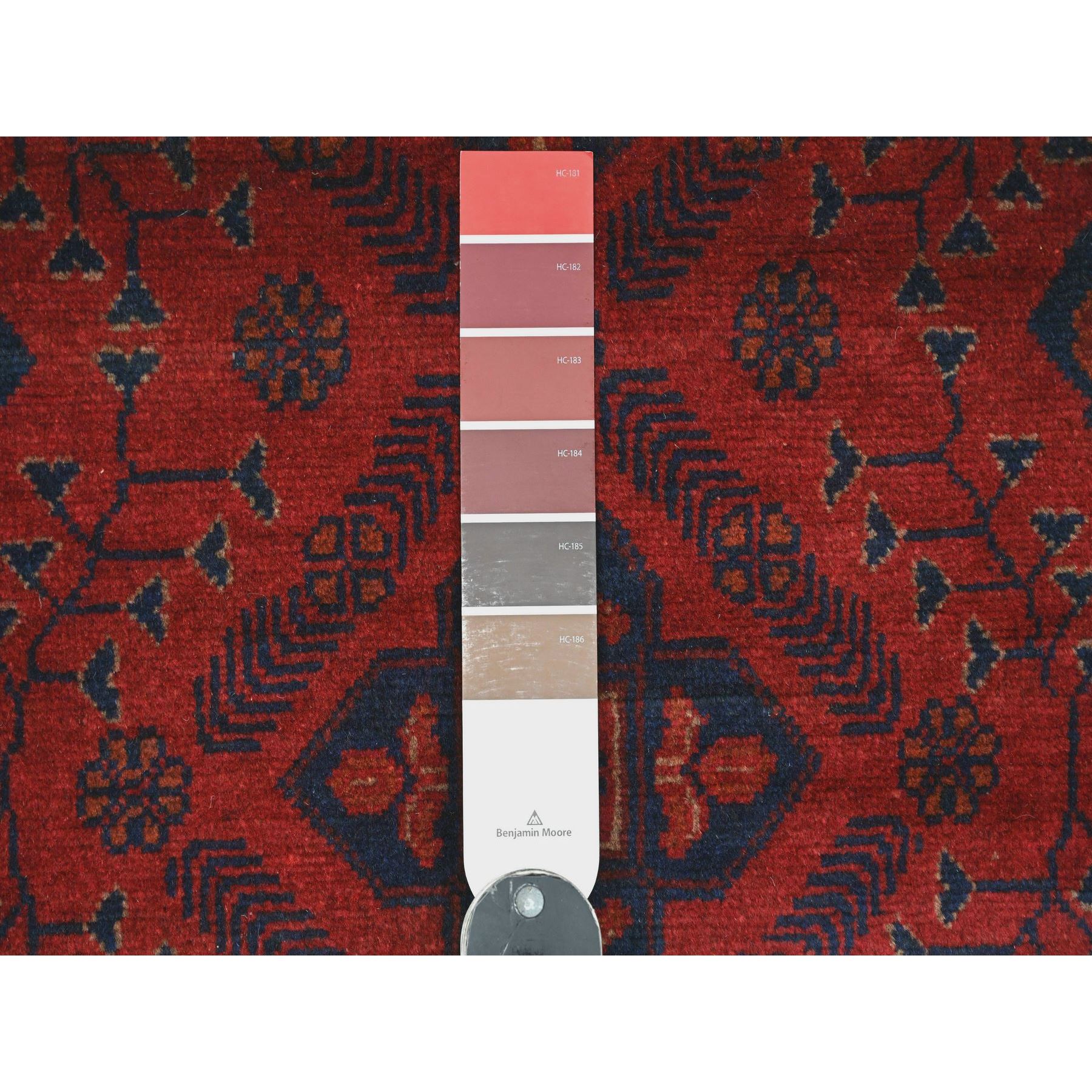 2'6"x6'2" Scarlet Red, Afghan Andkhoy with Geometric Design, Soft Pile, Pure Wool, Hand Knotted, Runner, Oriental Rug Sh20709