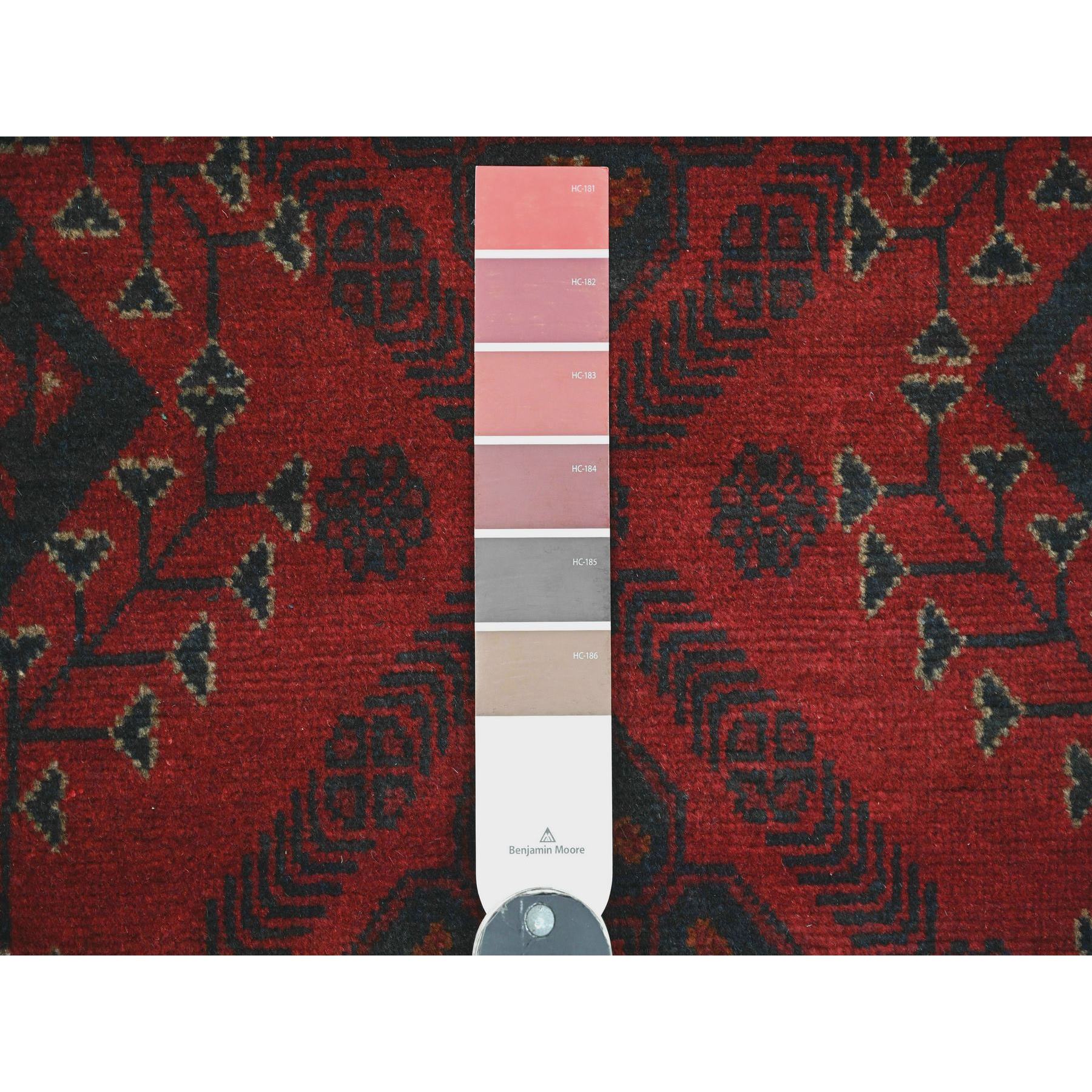 2'7"x6'3" Crimson Red, 100% Wool, Afghan Andkhoy with Geometric Medallions Pattern, Hand Knotted, Runner, Oriental Rug Sh20710