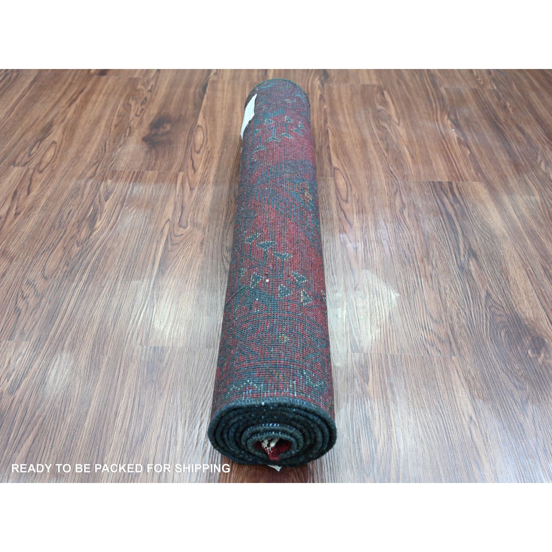 2'7"x6'3" Crimson Red, 100% Wool, Afghan Andkhoy with Geometric Medallions Pattern, Hand Knotted, Runner, Oriental Rug Sh20710