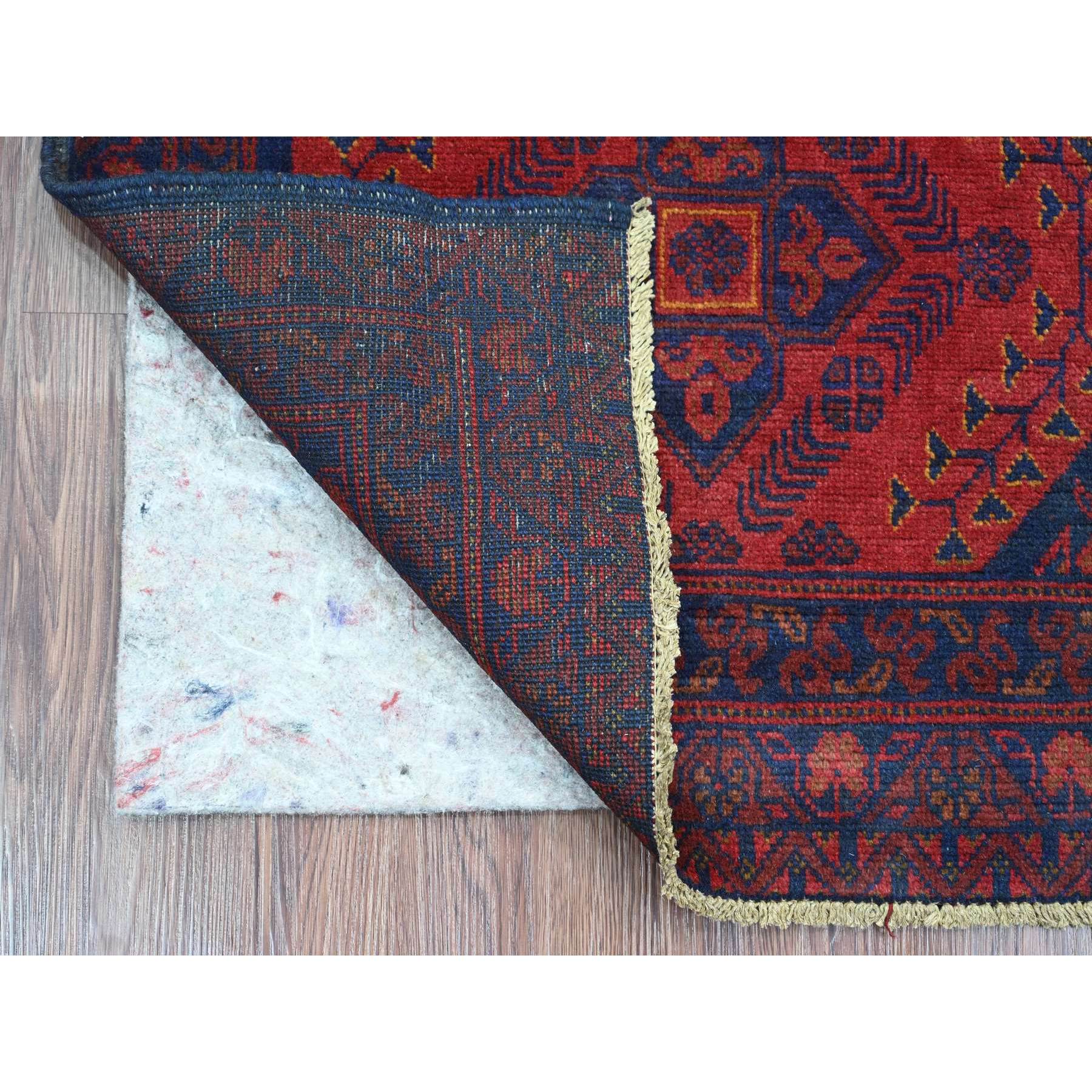 2'7"x6'5" Scarlet Red, Soft and Shiny Wool, Afghan Andkhoy with Geometric Design, Hand Knotted, Runner, Oriental Rug Sh20715