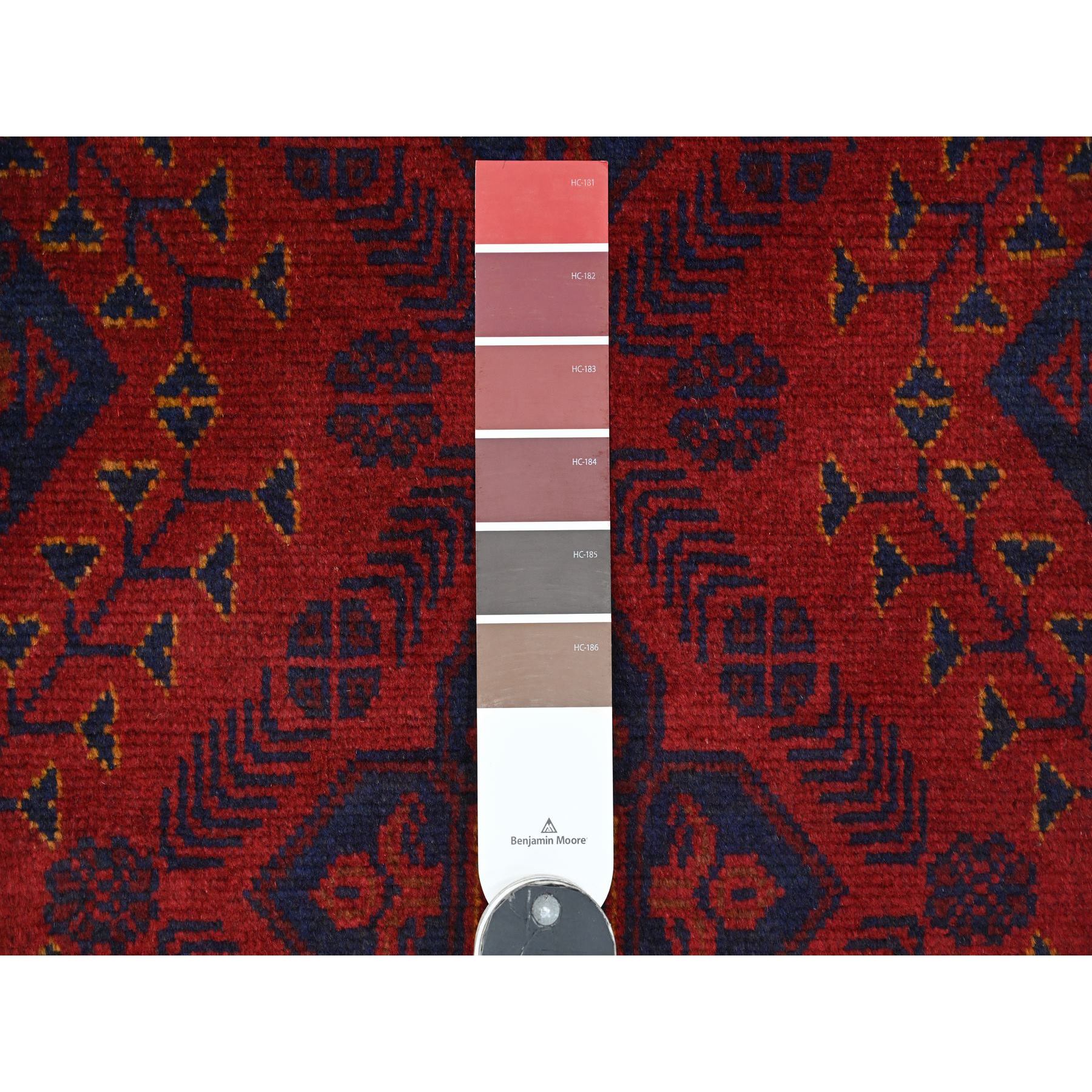 2'7"x6'5" Scarlet Red, Soft and Shiny Wool, Afghan Andkhoy with Geometric Design, Hand Knotted, Runner, Oriental Rug Sh20715