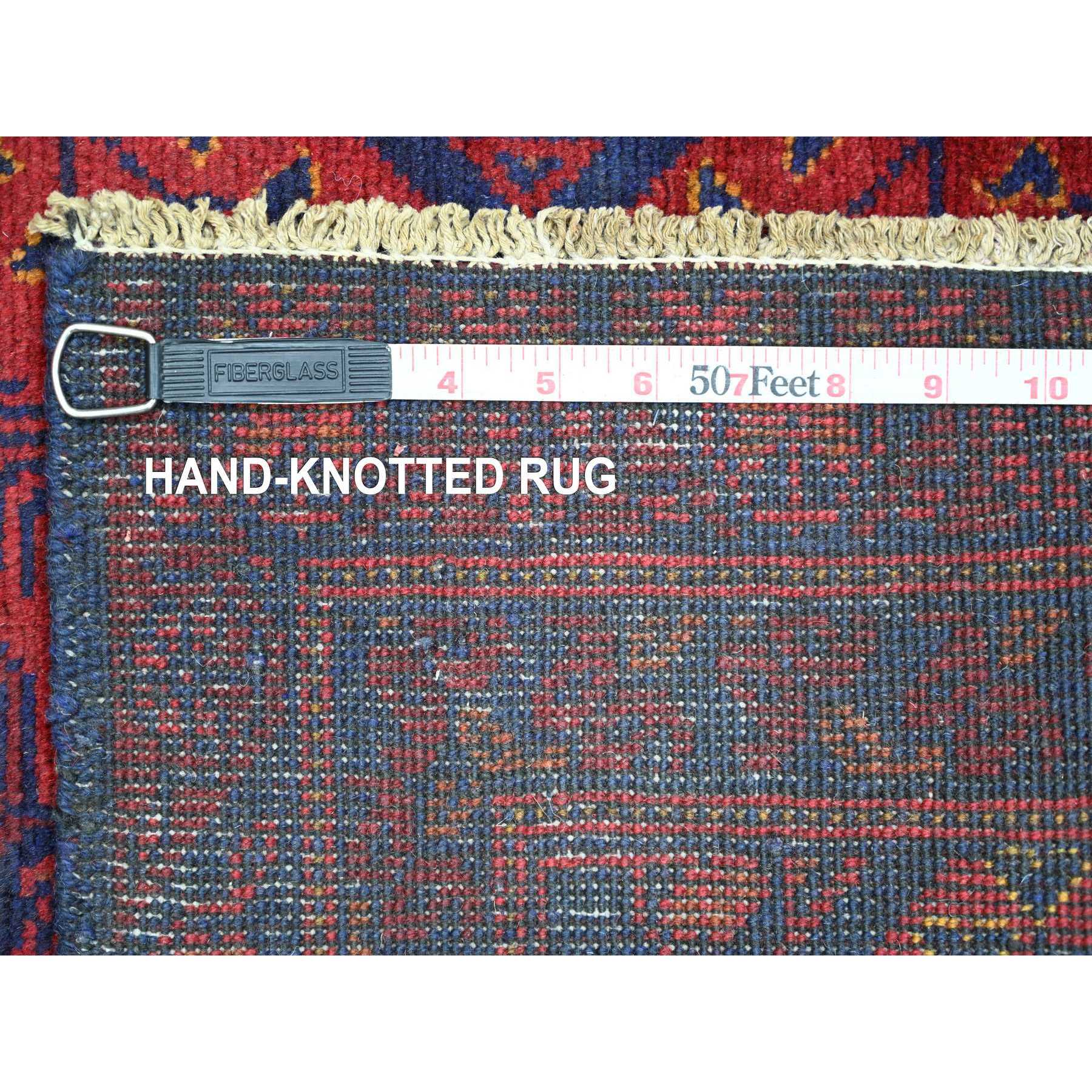 2'7"x6'5" Scarlet Red, Soft and Shiny Wool, Afghan Andkhoy with Geometric Design, Hand Knotted, Runner, Oriental Rug Sh20715