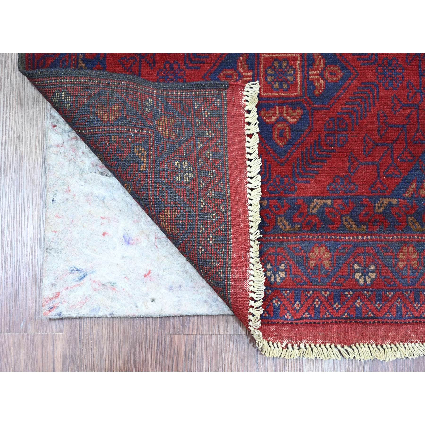 2'7"x9'8" Scarlet Red, Afghan Andkhoy with Geometric Design, Soft Pile, Pure Wool, Hand Knotted, Runner, Oriental Rug Sh20716