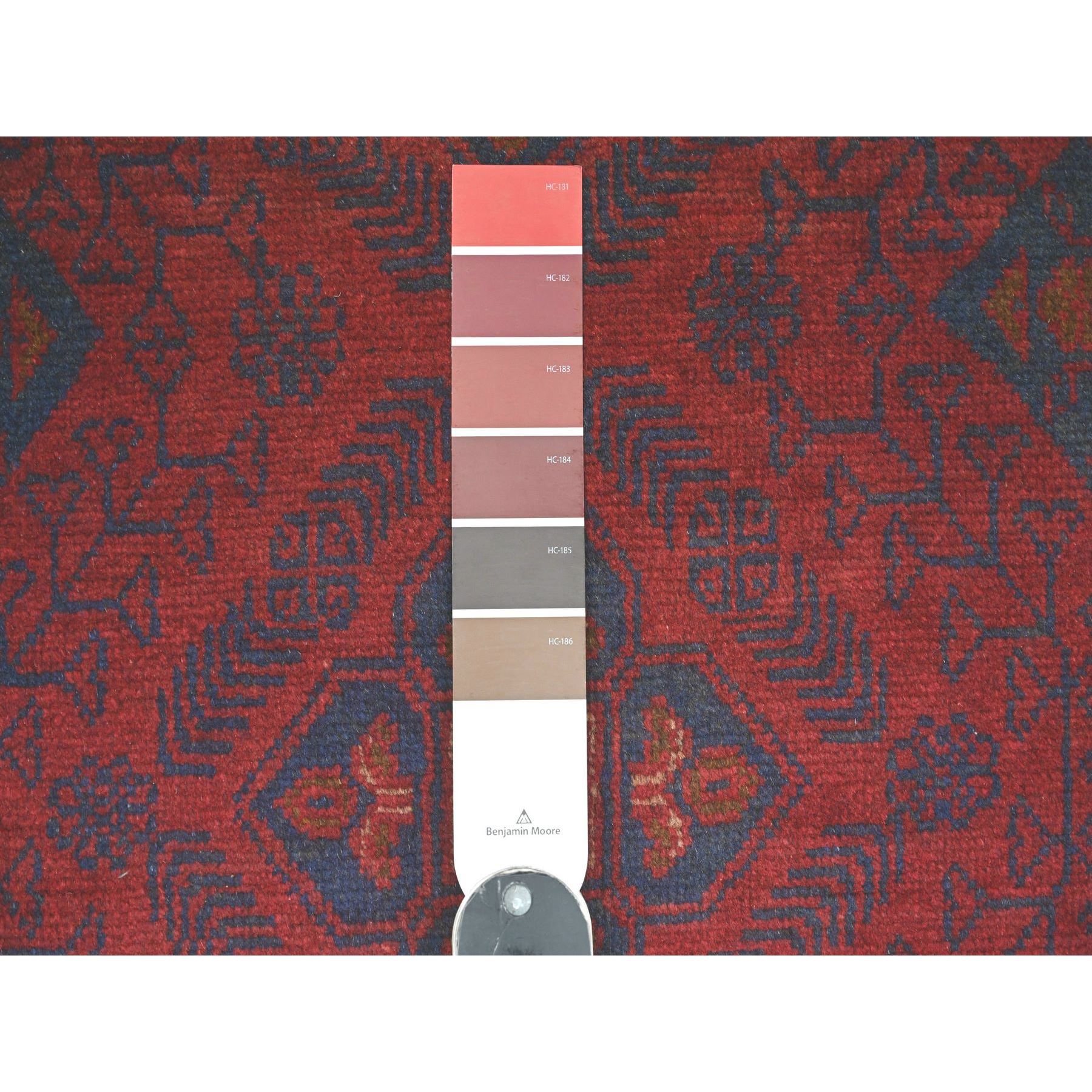 2'7"x9'8" Scarlet Red, Afghan Andkhoy with Geometric Design, Soft Pile, Pure Wool, Hand Knotted, Runner, Oriental Rug Sh20716