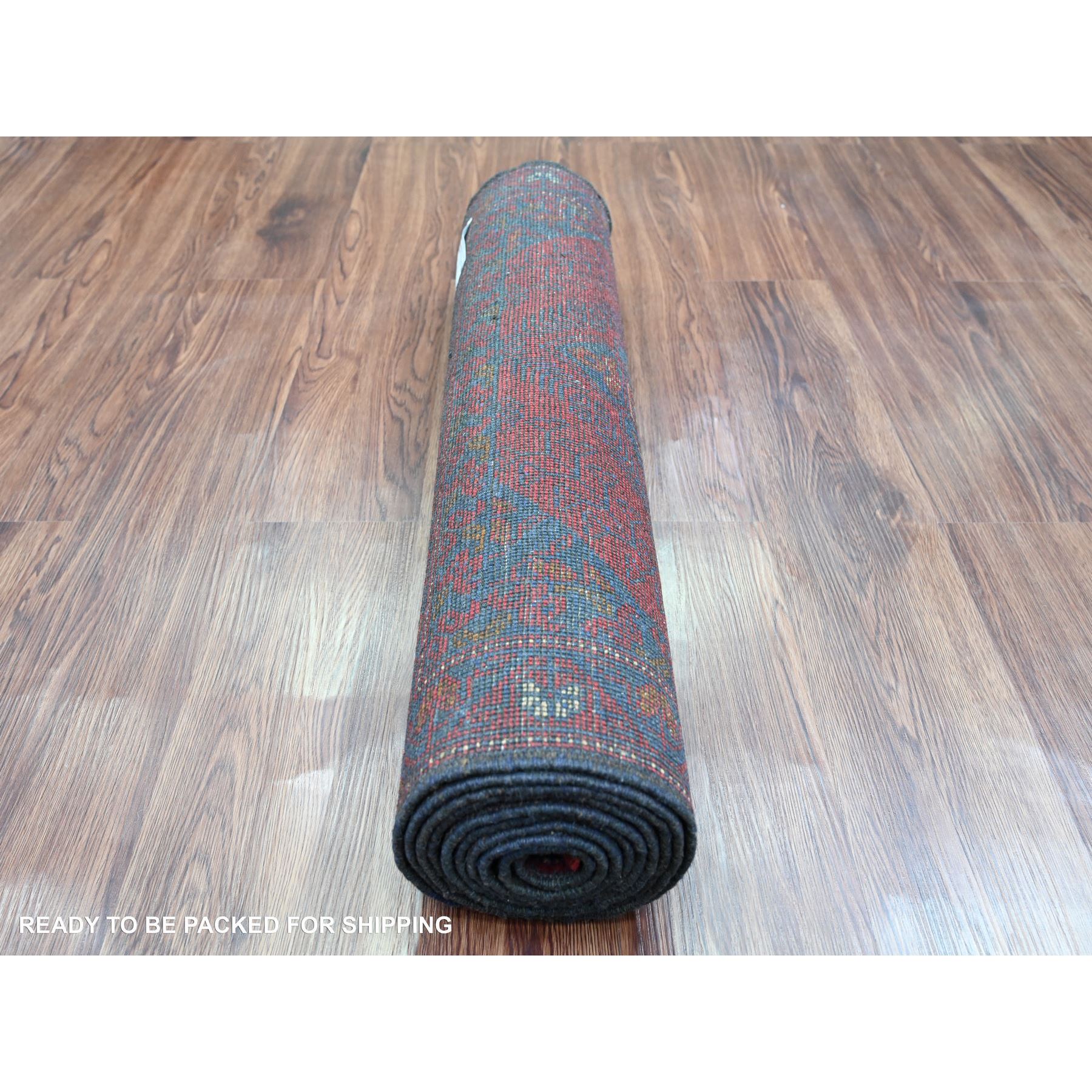2'7"x9'8" Scarlet Red, Afghan Andkhoy with Geometric Design, Soft Pile, Pure Wool, Hand Knotted, Runner, Oriental Rug Sh20716