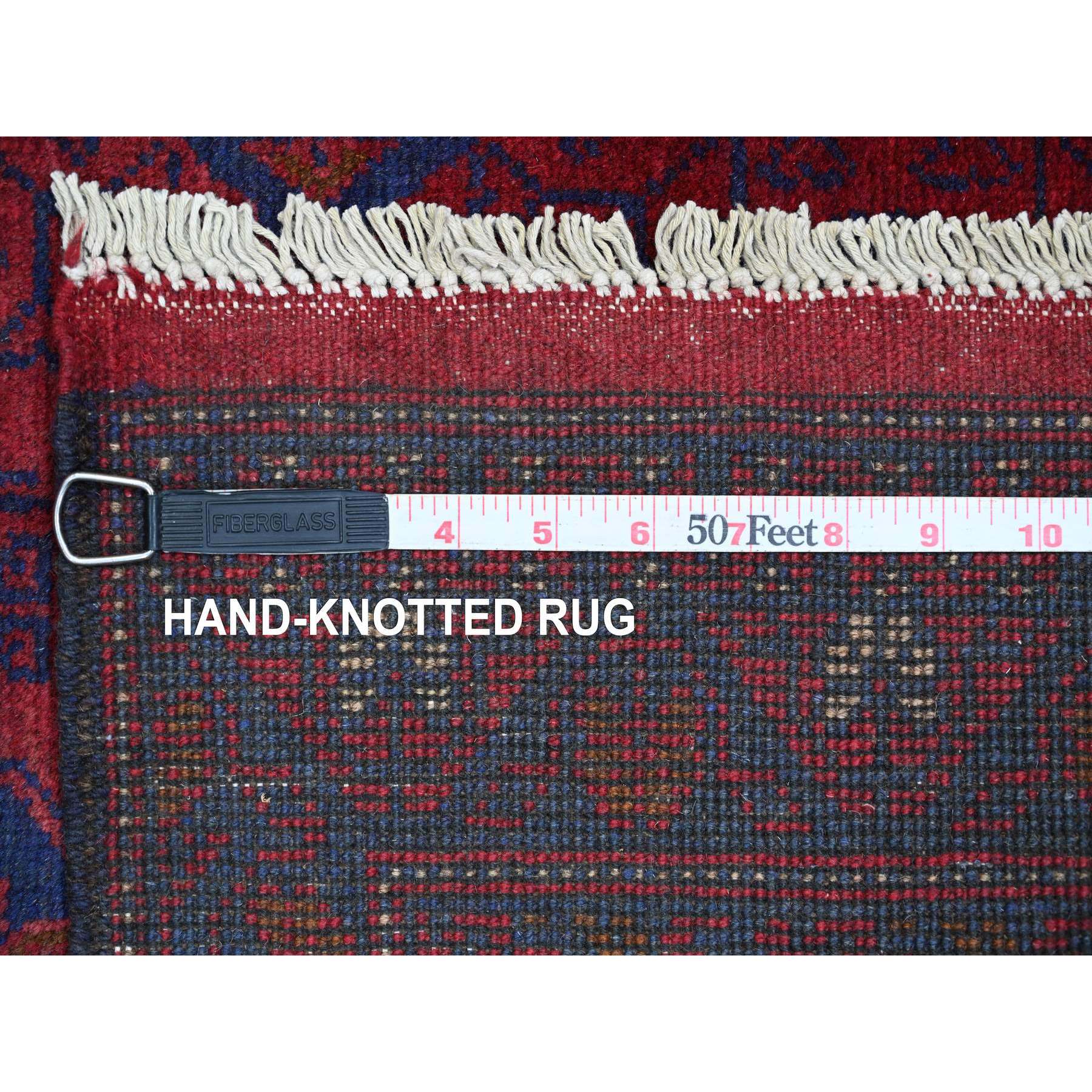 2'7"x9'8" Scarlet Red, Afghan Andkhoy with Geometric Design, Soft Pile, Pure Wool, Hand Knotted, Runner, Oriental Rug Sh20716