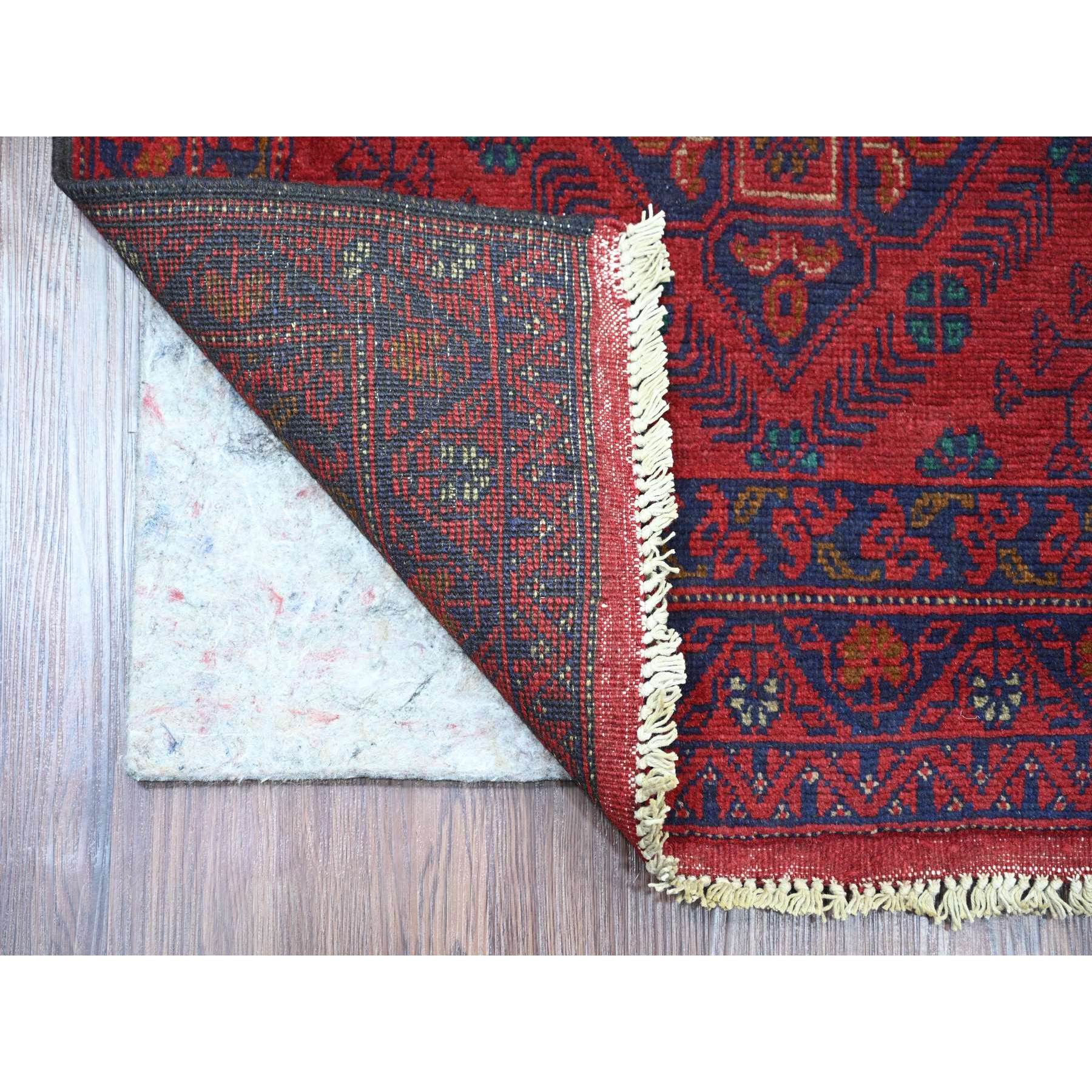 2'6"x9'4" Carmine Red, Hand Knotted, Afghan Andkhoy with Geometric Pattern, Soft and Velvety Wool, Runner, Oriental Rug Sh20717