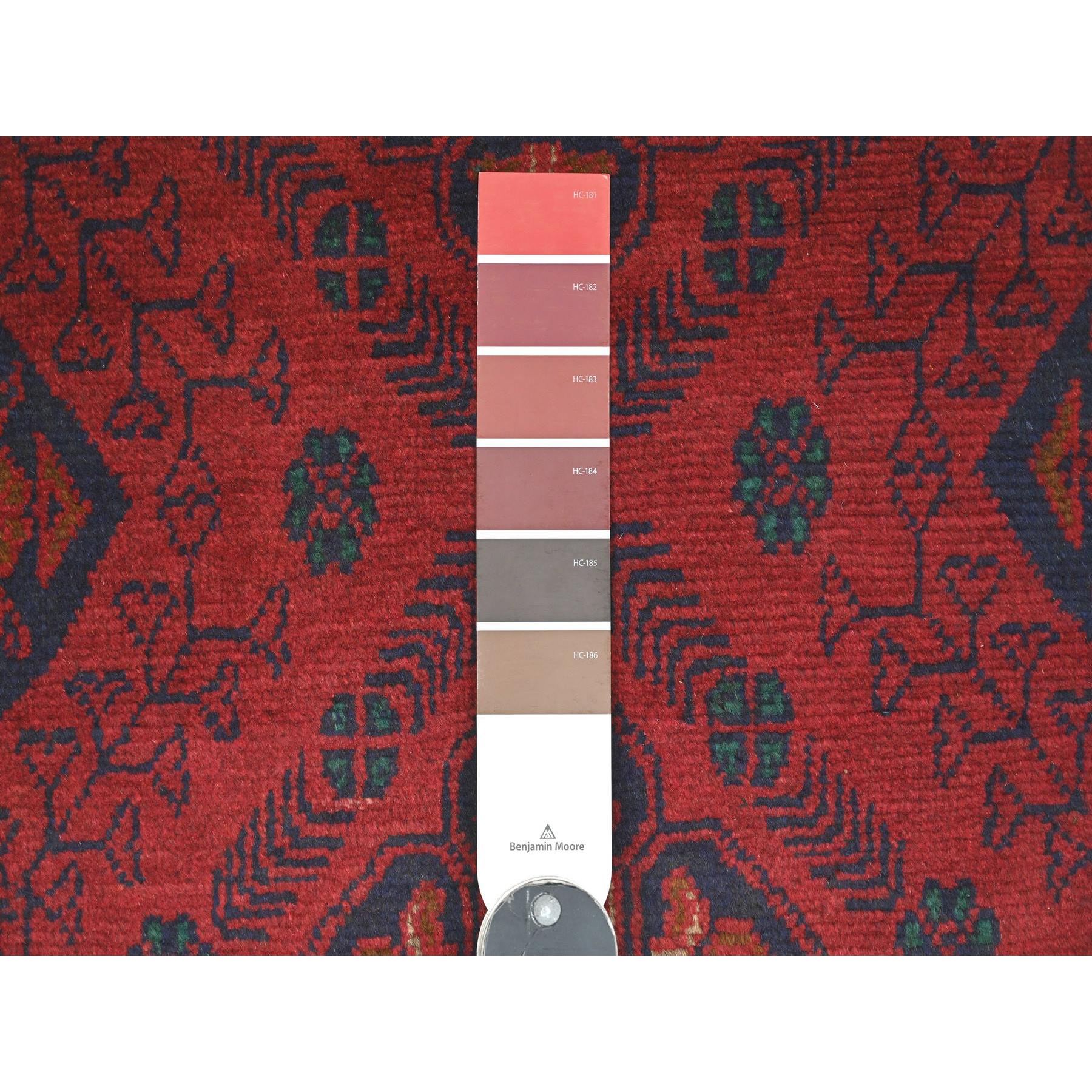 2'6"x9'4" Carmine Red, Hand Knotted, Afghan Andkhoy with Geometric Pattern, Soft and Velvety Wool, Runner, Oriental Rug Sh20717