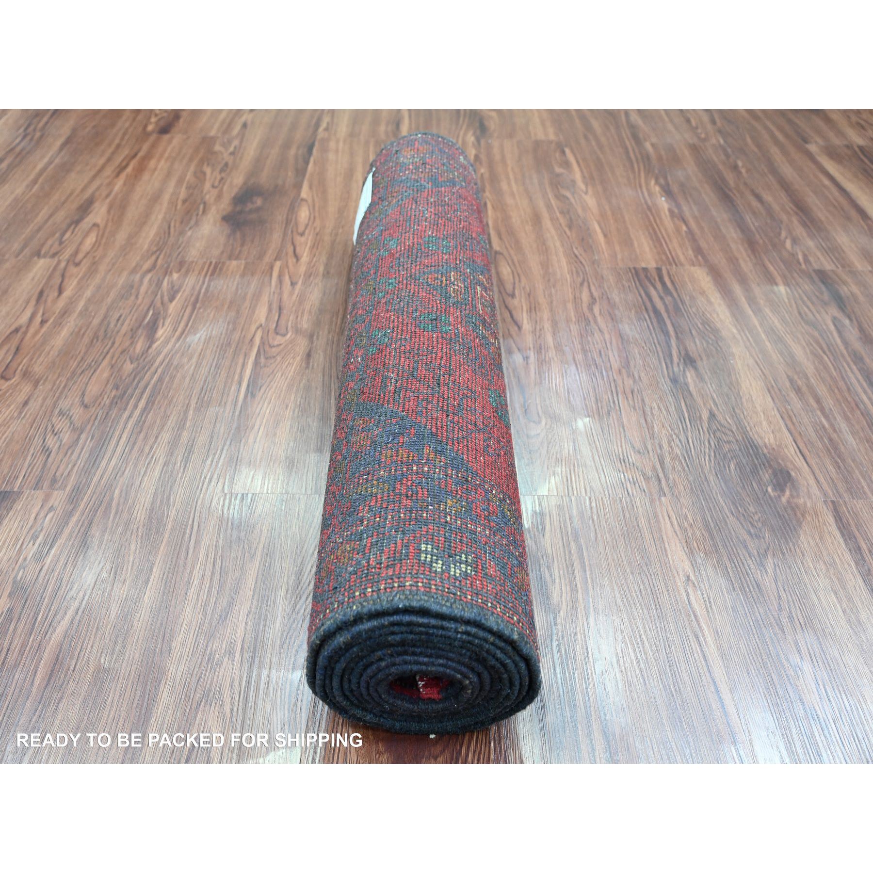 2'6"x9'4" Carmine Red, Hand Knotted, Afghan Andkhoy with Geometric Pattern, Soft and Velvety Wool, Runner, Oriental Rug Sh20717