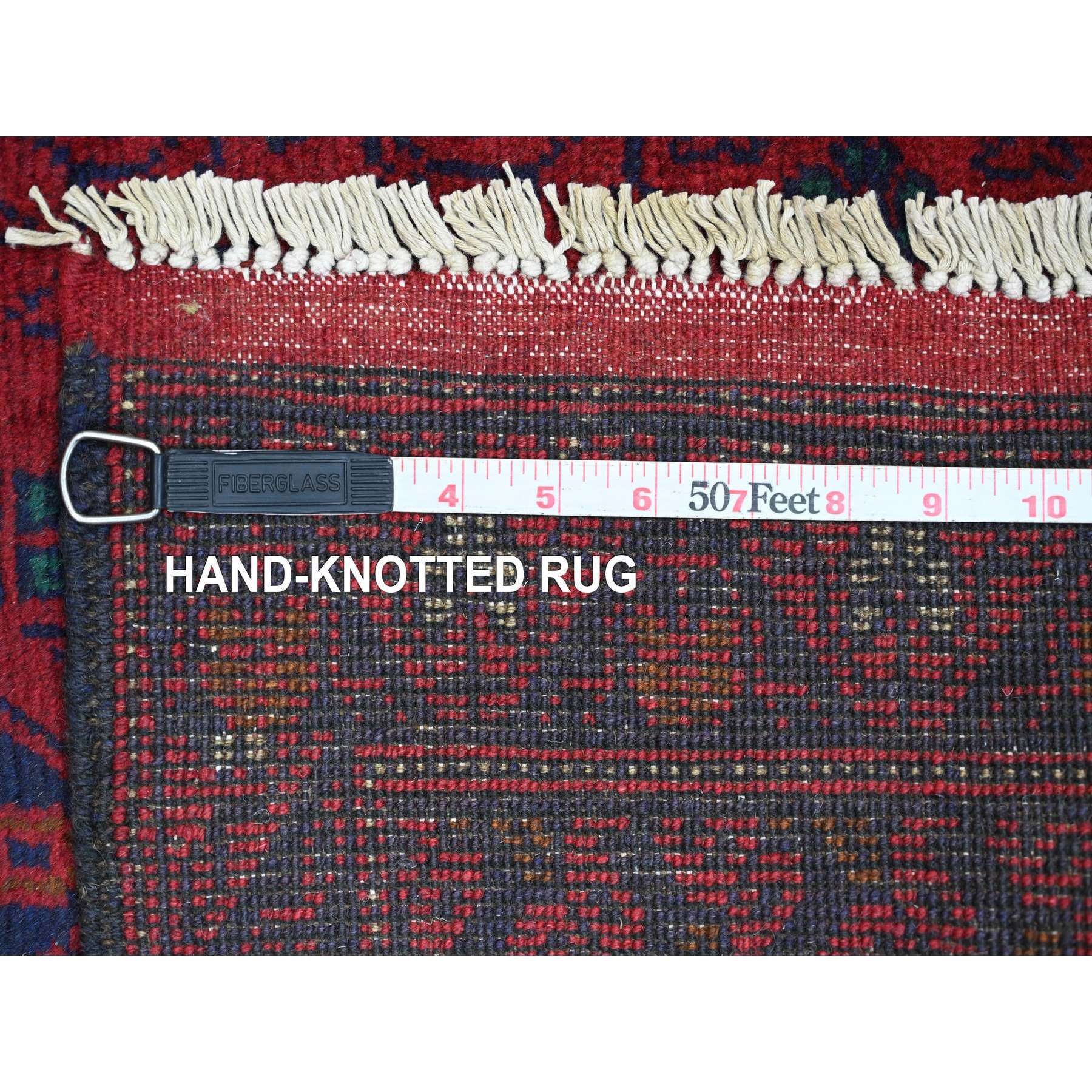 2'6"x9'4" Carmine Red, Hand Knotted, Afghan Andkhoy with Geometric Pattern, Soft and Velvety Wool, Runner, Oriental Rug Sh20717