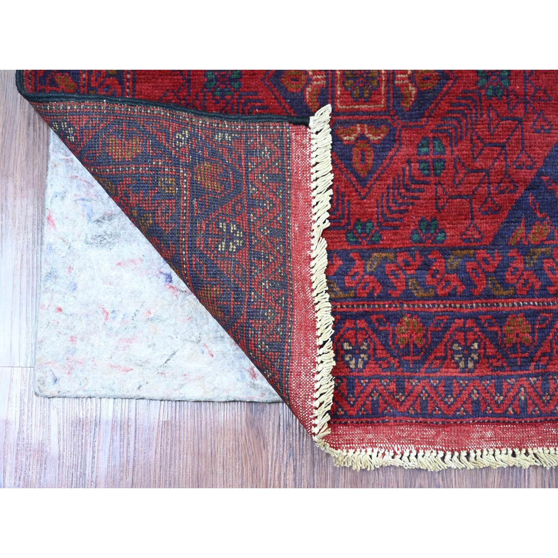 2'5"x9'3" Scarlet Red, Afghan Andkhoy with All Over Geometric Pattern, Soft Wool, Hand Knotted, Runner, Oriental Rug Sh20724