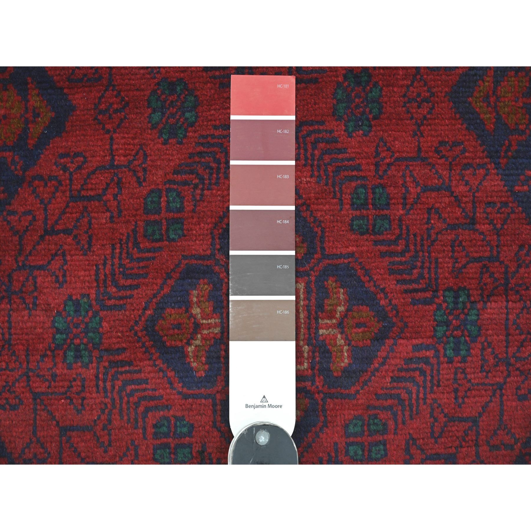 2'5"x9'3" Scarlet Red, Afghan Andkhoy with All Over Geometric Pattern, Soft Wool, Hand Knotted, Runner, Oriental Rug Sh20724