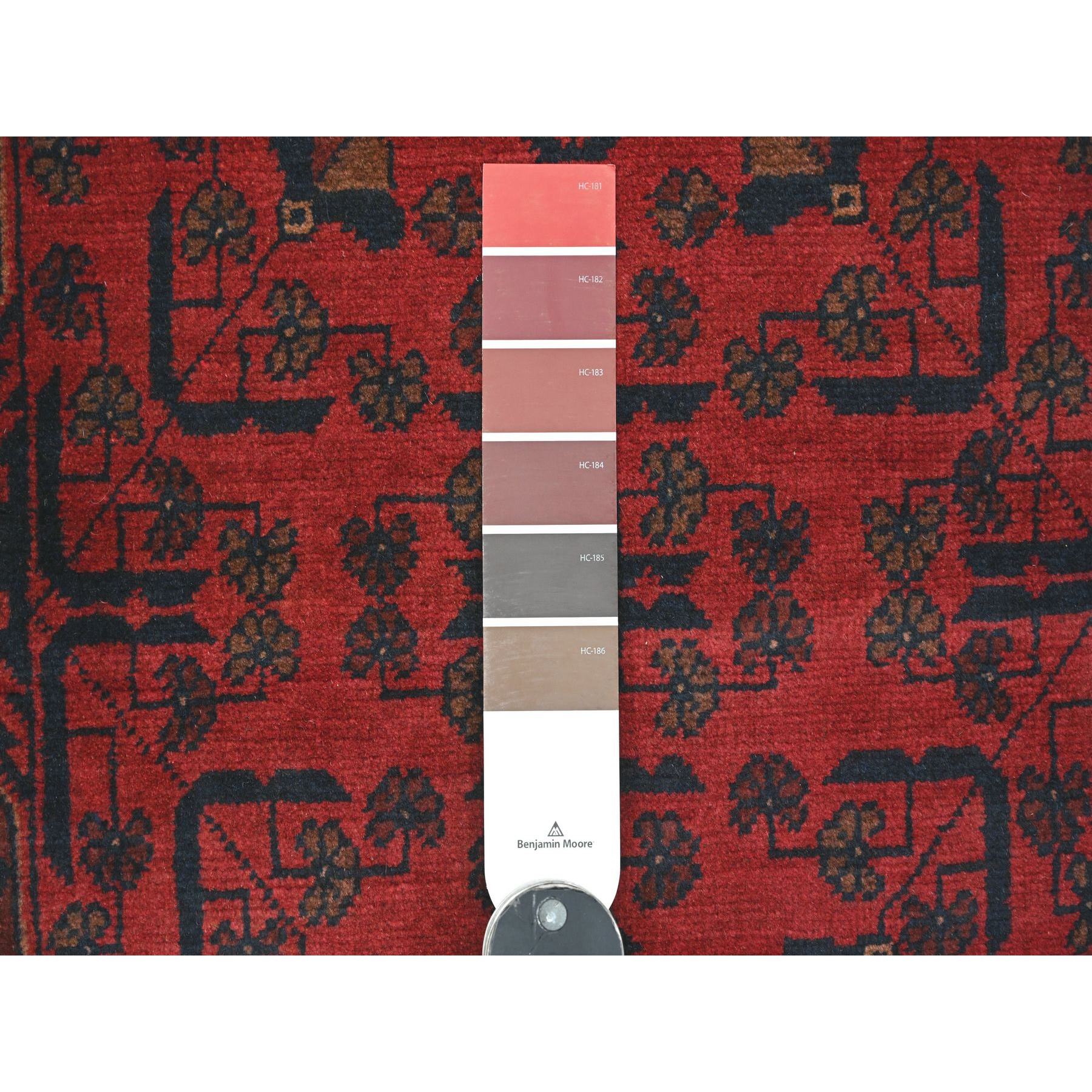 2'2"x7'9" Carmine Red, Afghan Andkhoy with Geometric Design, Soft Pile, Pure Wool, Hand Knotted, Runner, Oriental Rug Sh20726