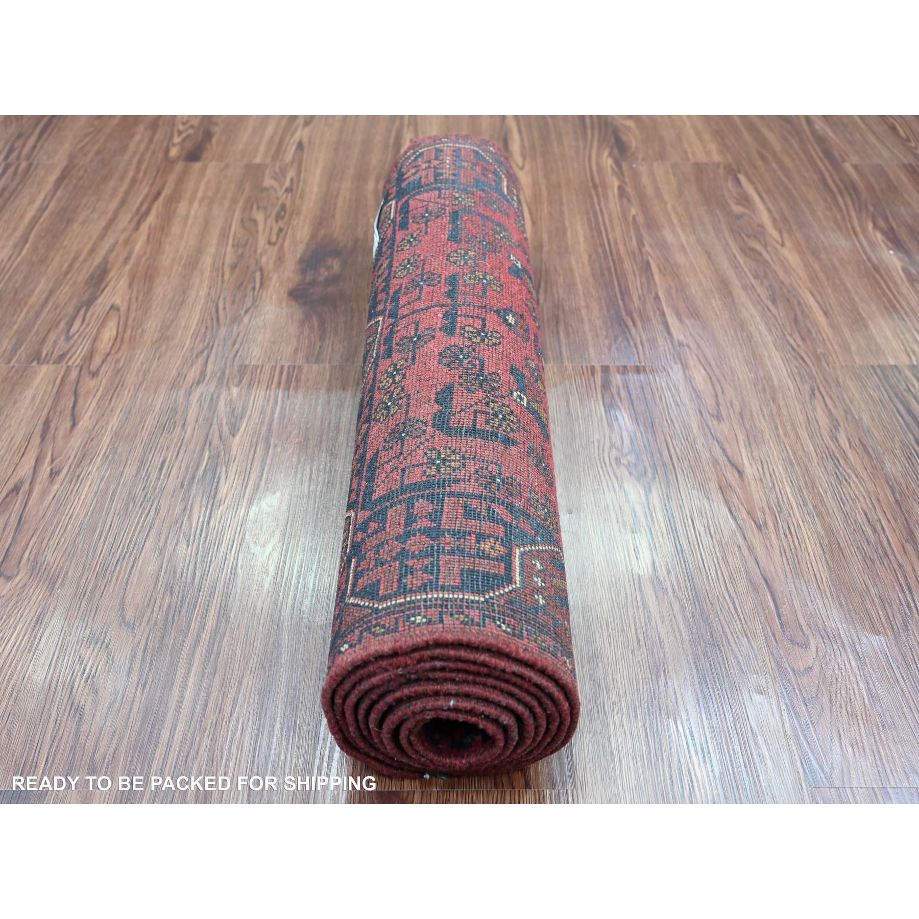2'2"x7'9" Carmine Red, Afghan Andkhoy with Geometric Design, Soft Pile, Pure Wool, Hand Knotted, Runner, Oriental Rug Sh20726